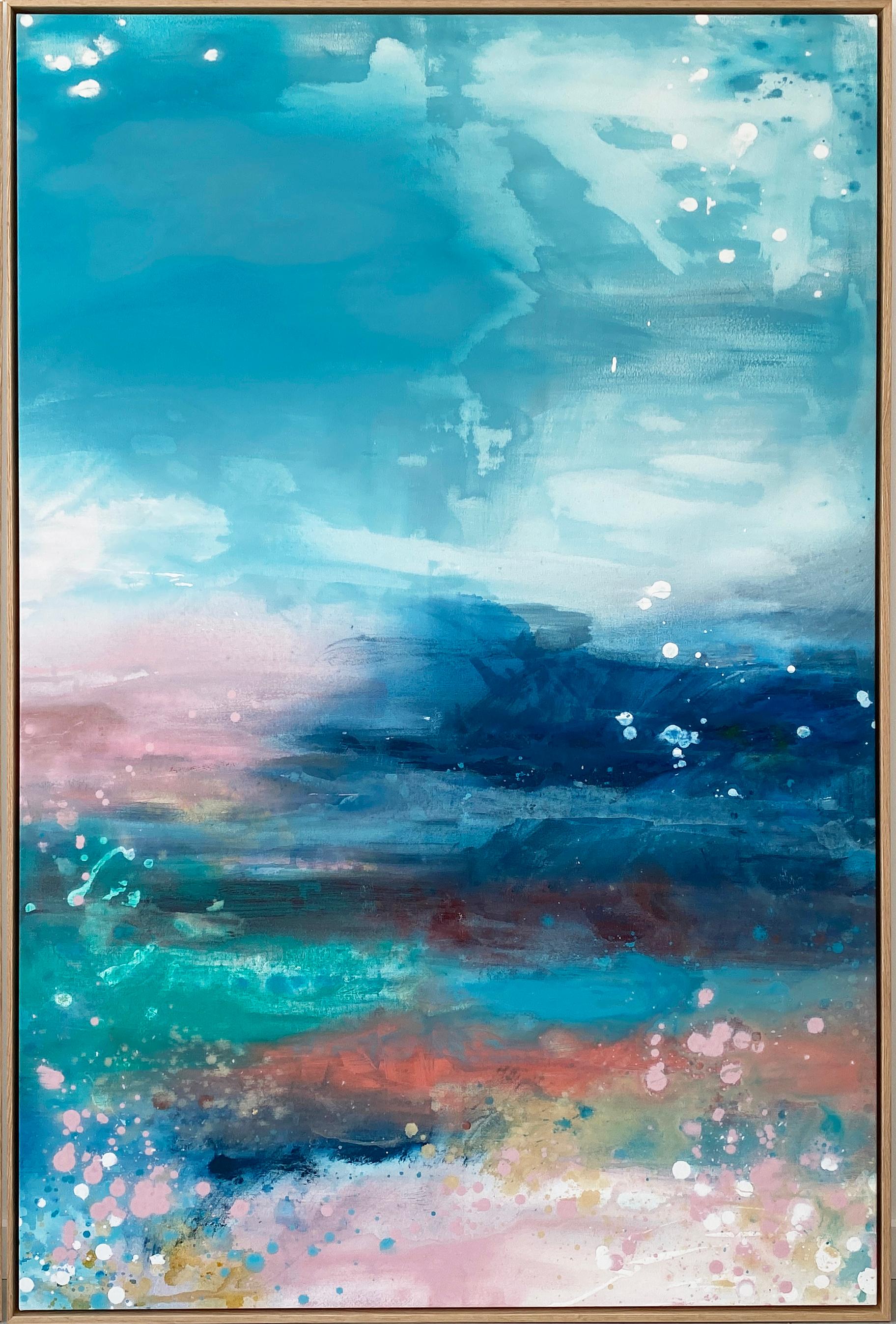 Landscape Painting Kathleen Rhee - Grande peinture expressionniste abstraite colorée encadrée de nuages de ciel bleu arc-en-ciel 