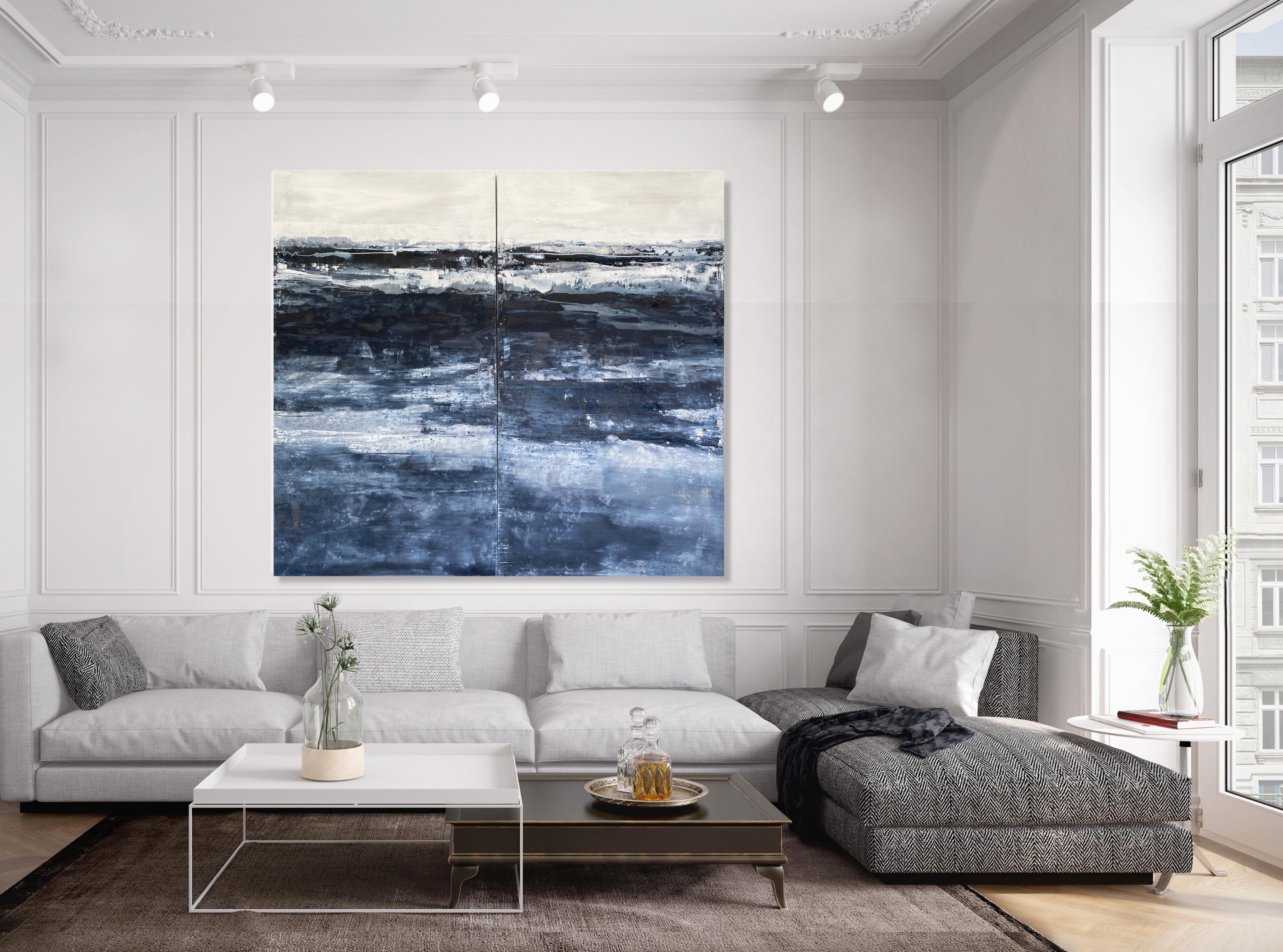 Blue grey white oversized large double panel abstract painting original art - Painting by Kathleen Rhee
