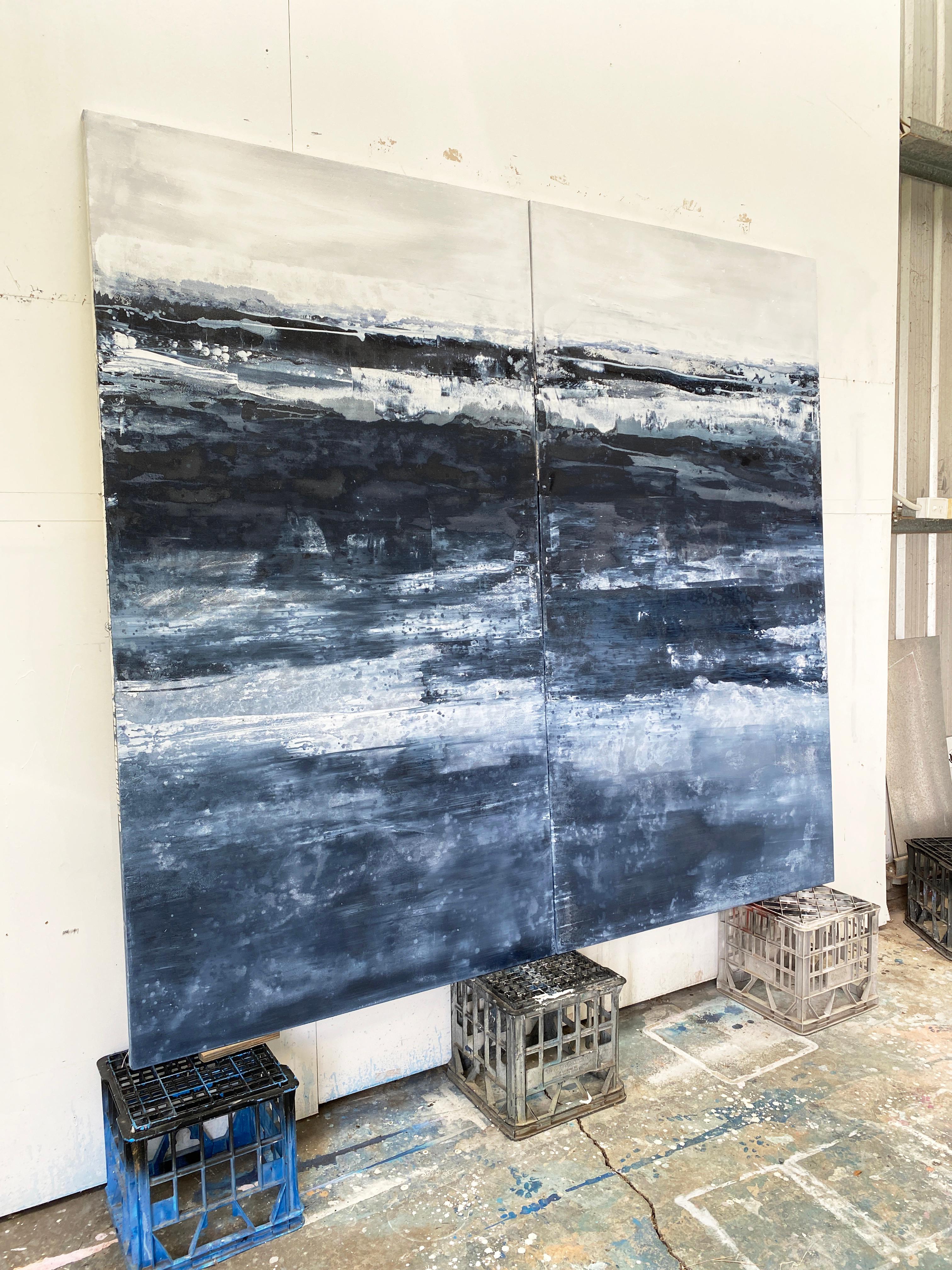 Blue grey white oversized large double panel abstract painting original art - Abstract Expressionist Painting by Kathleen Rhee