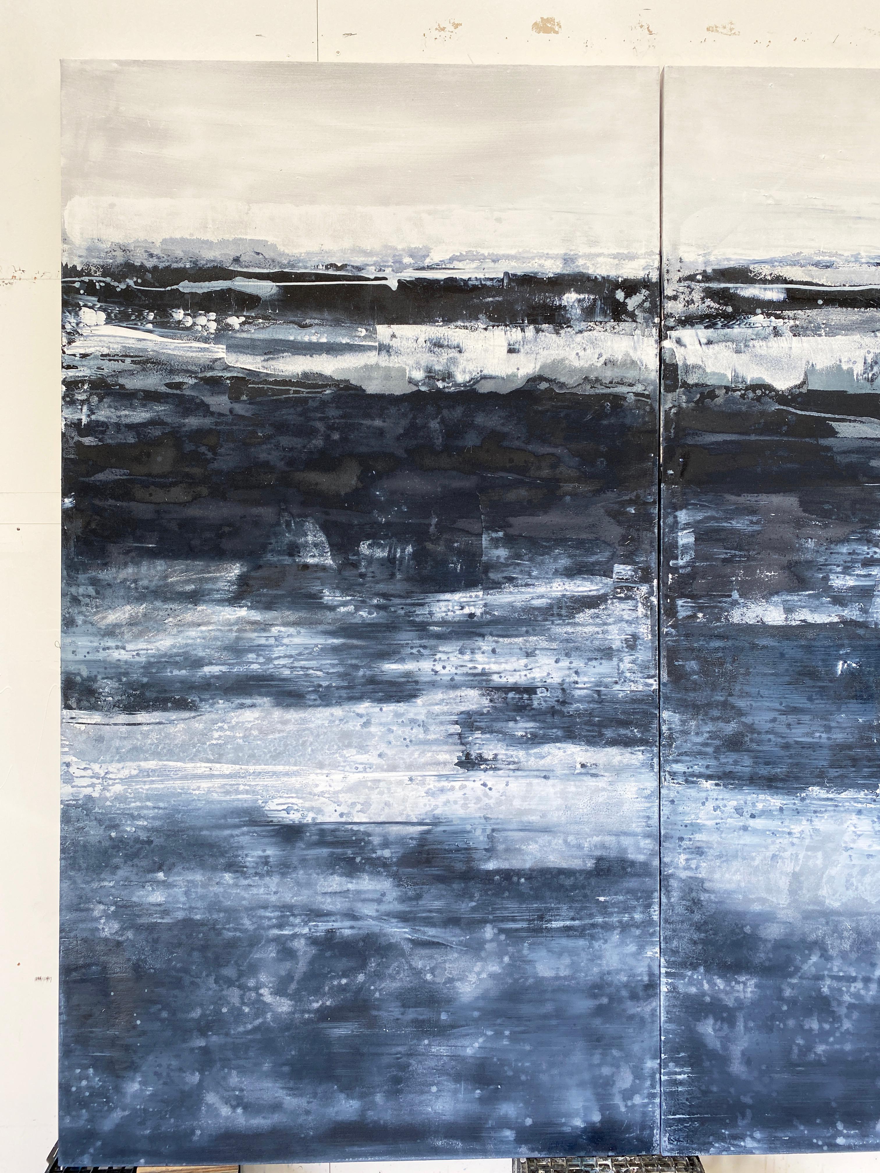 Blue grey white oversized large double panel abstract painting original art For Sale 2