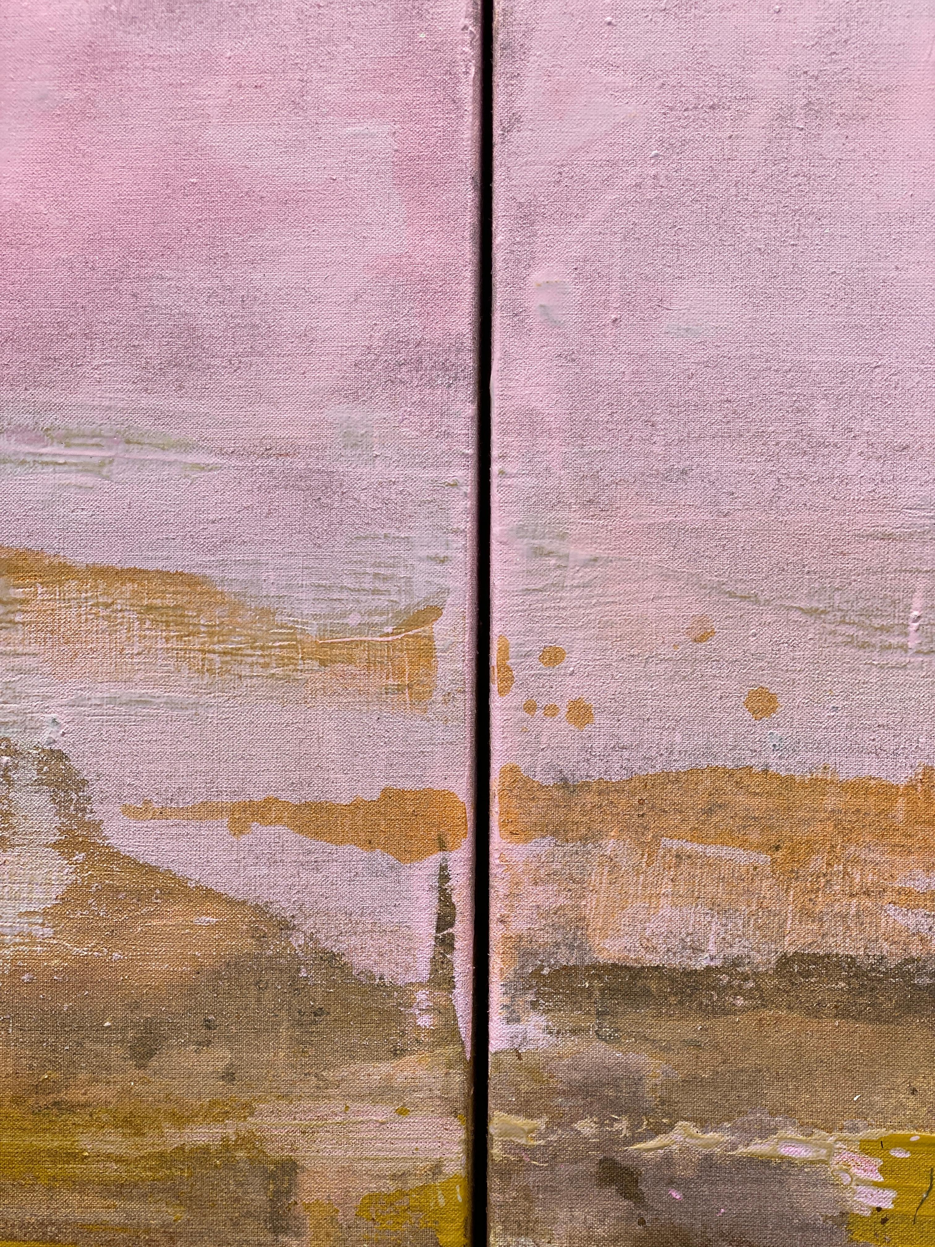 Pink mustard white oversized large double panel abstract painting original art For Sale 5