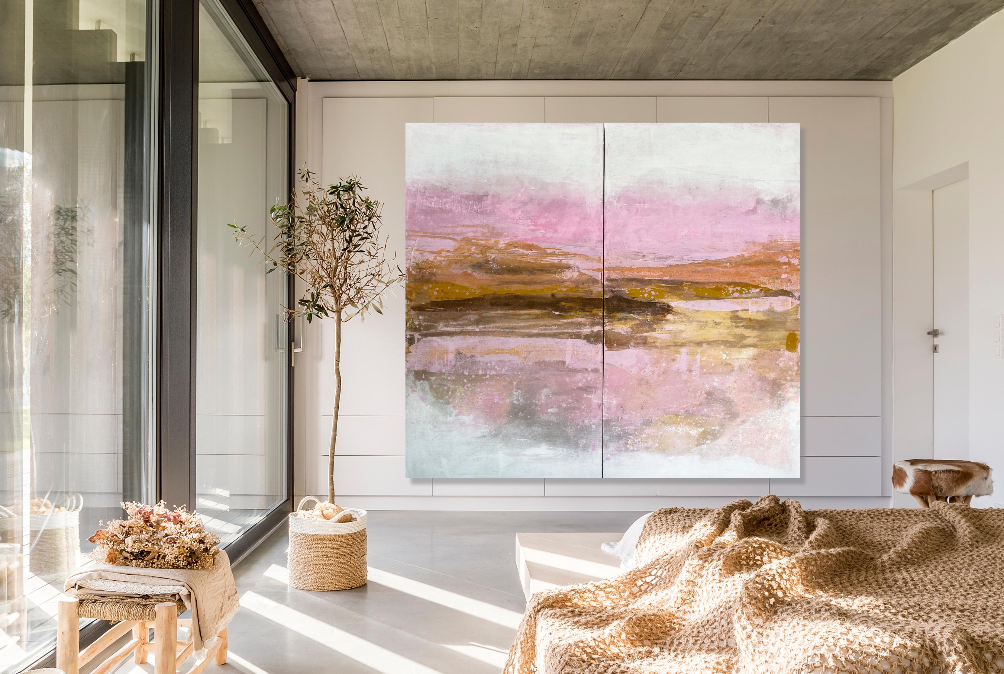 Pink mustard white oversized large double panel abstract painting original art - Painting by Kathleen Rhee