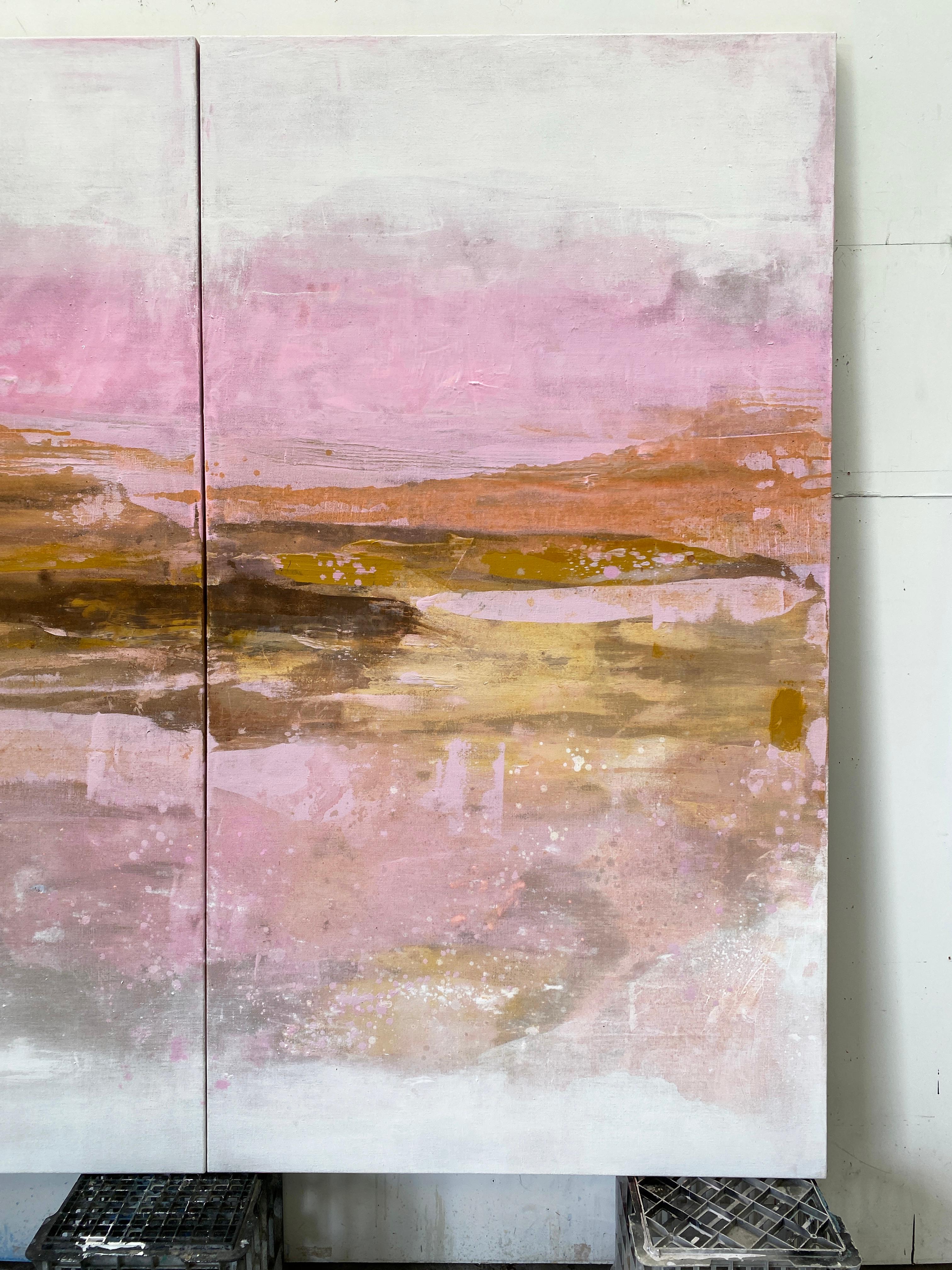 Pink mustard white oversized large double panel abstract painting original art - Abstract Expressionist Painting by Kathleen Rhee
