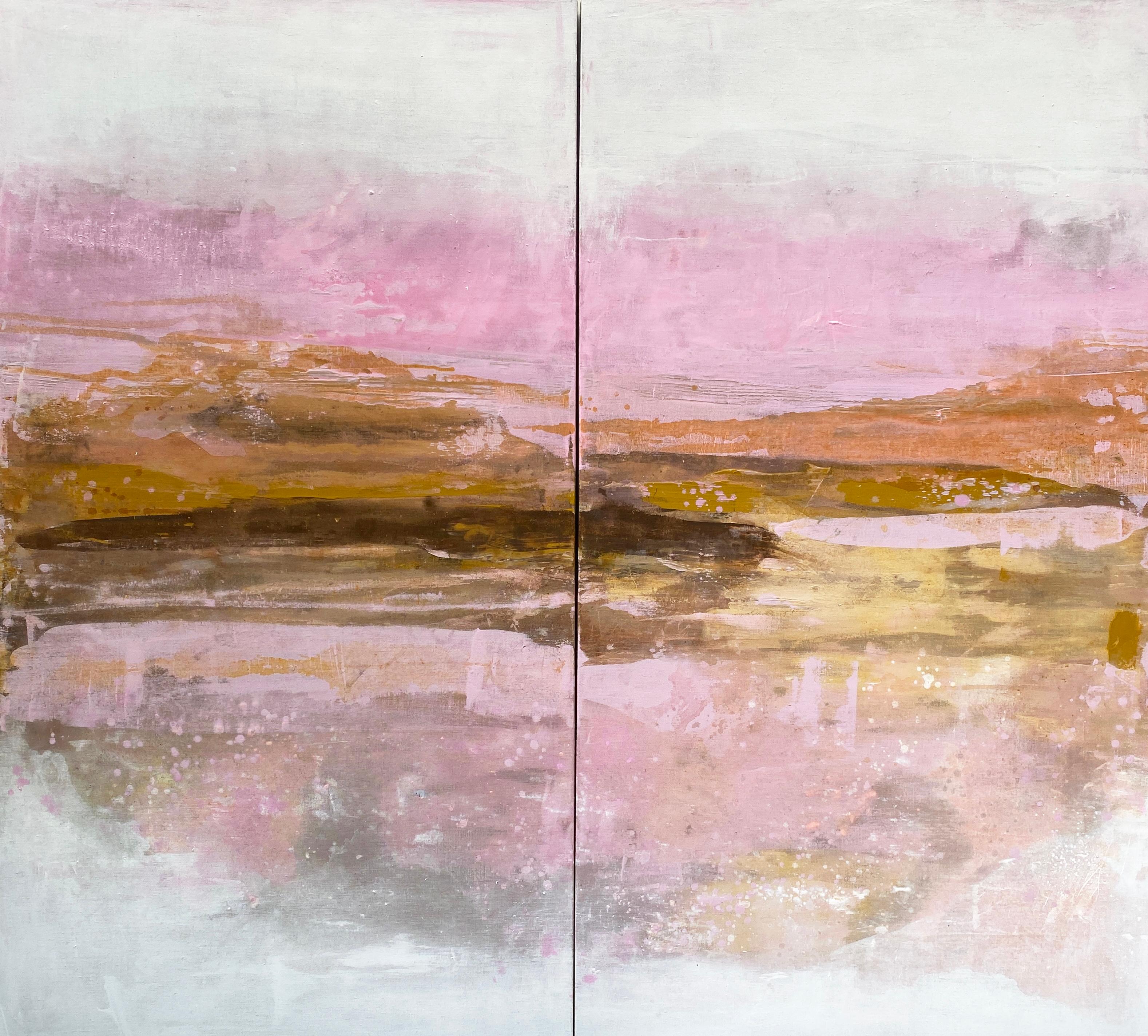 Rosa mustardweißes übergroßes abstraktes Gemälde in Übergröße mit doppelter Tafel, Originalkunst