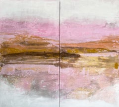 large abstract impressionist expressionist painting double panel original pink