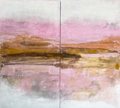 Pink mustard white oversized large double panel abstract painting original art