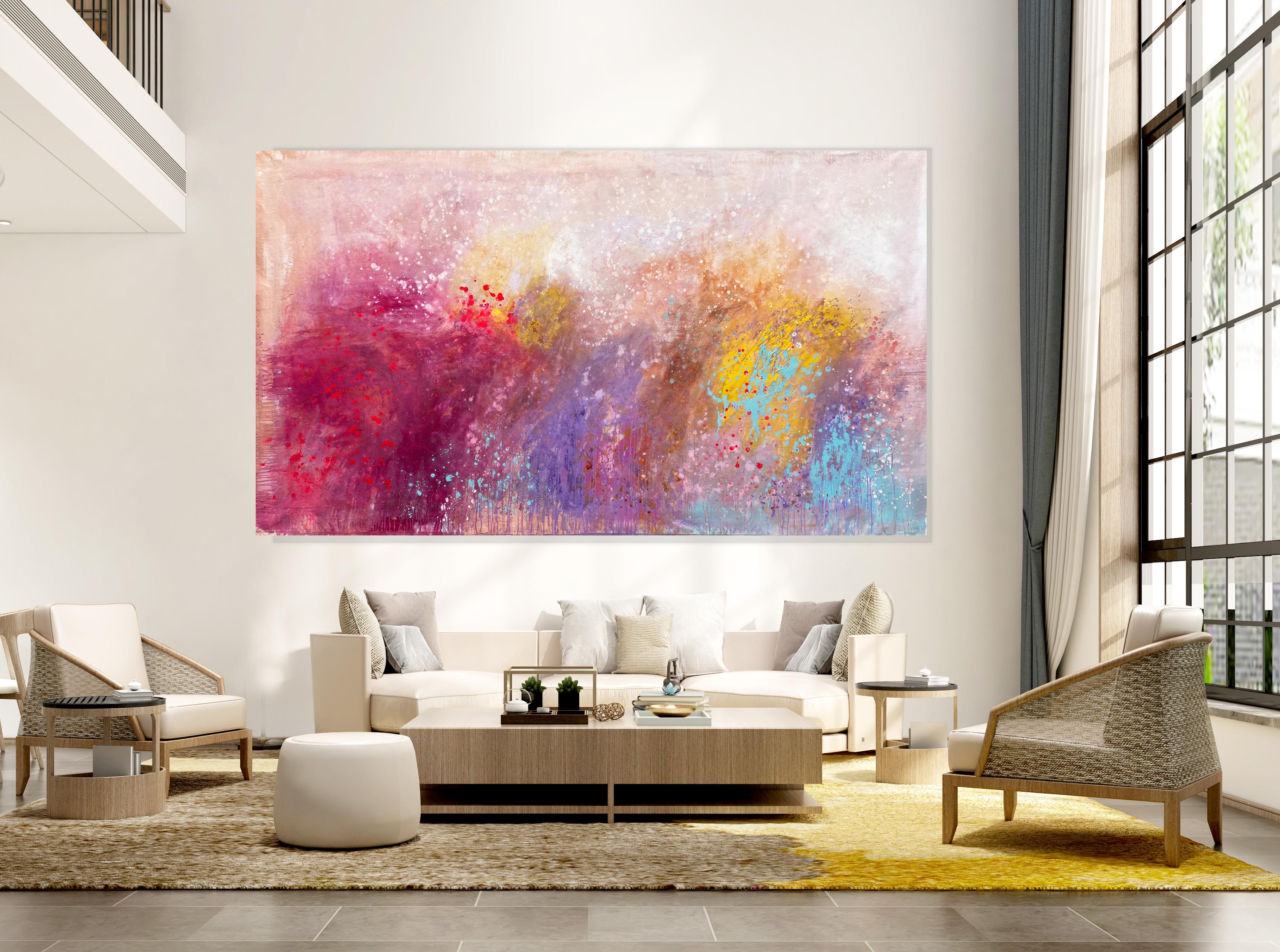 Dancing Sunlight large statement piece abstract painting yellow magenta aqua - Painting by Kathleen Rhee