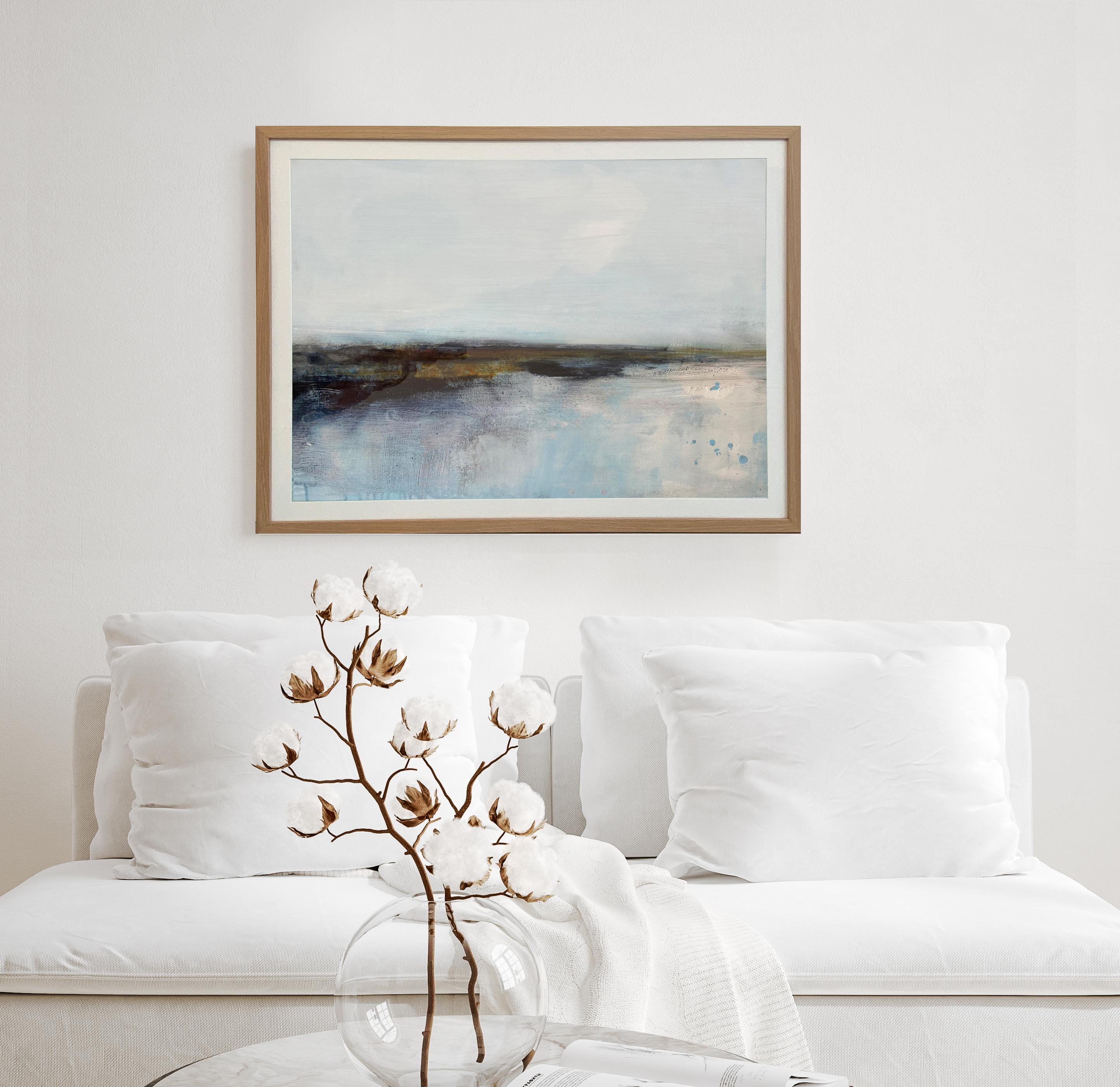 Minimalist painting 1 Nordic Scandi framed landscape fine art paper blue white - Painting by Kathleen Rhee