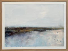 Distant View Nordic Scandi framed abstract landscape ready to hang blue white