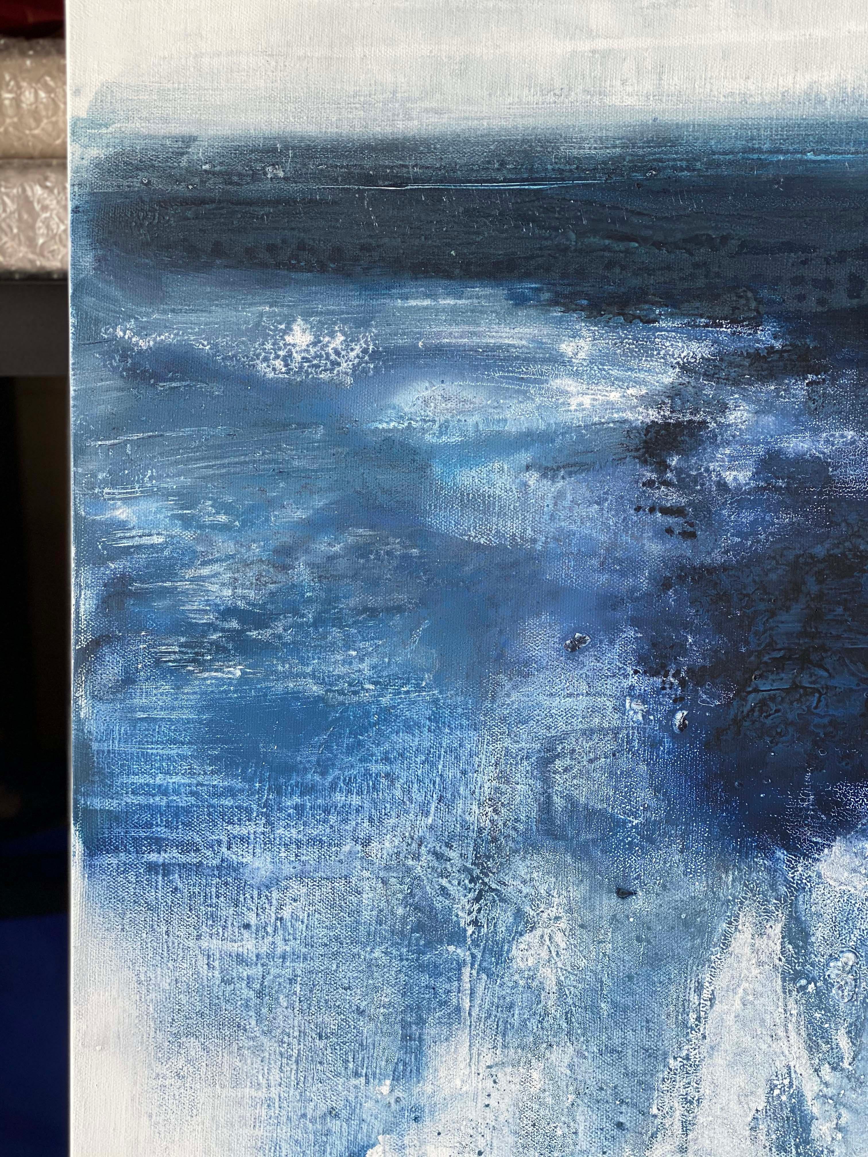 Aquarelles dramatiques Peinture impressionniste abstraite océanique bleue et blanche  en vente 5