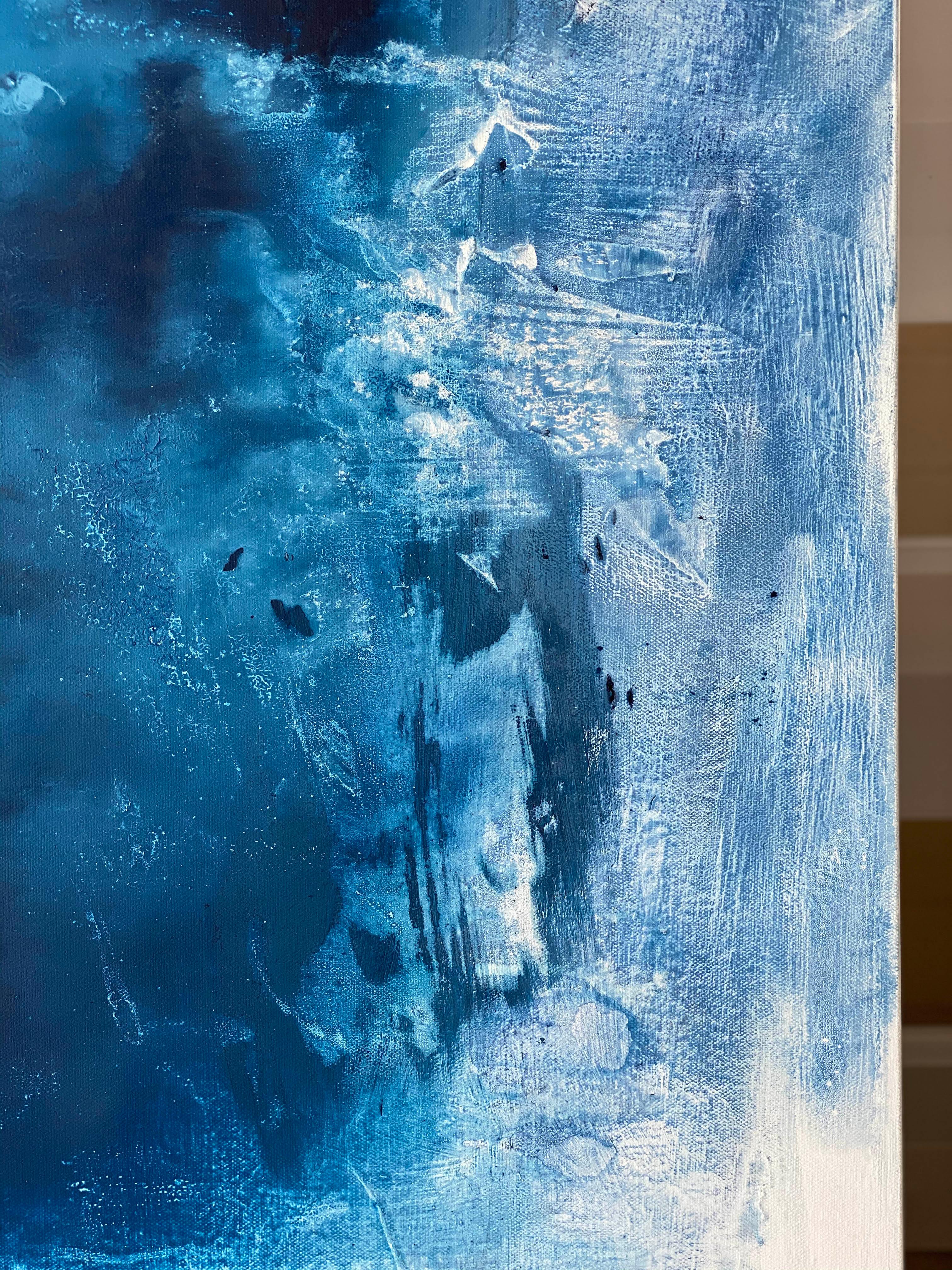 Aquarelles dramatiques Peinture impressionniste abstraite océanique bleue et blanche  en vente 7