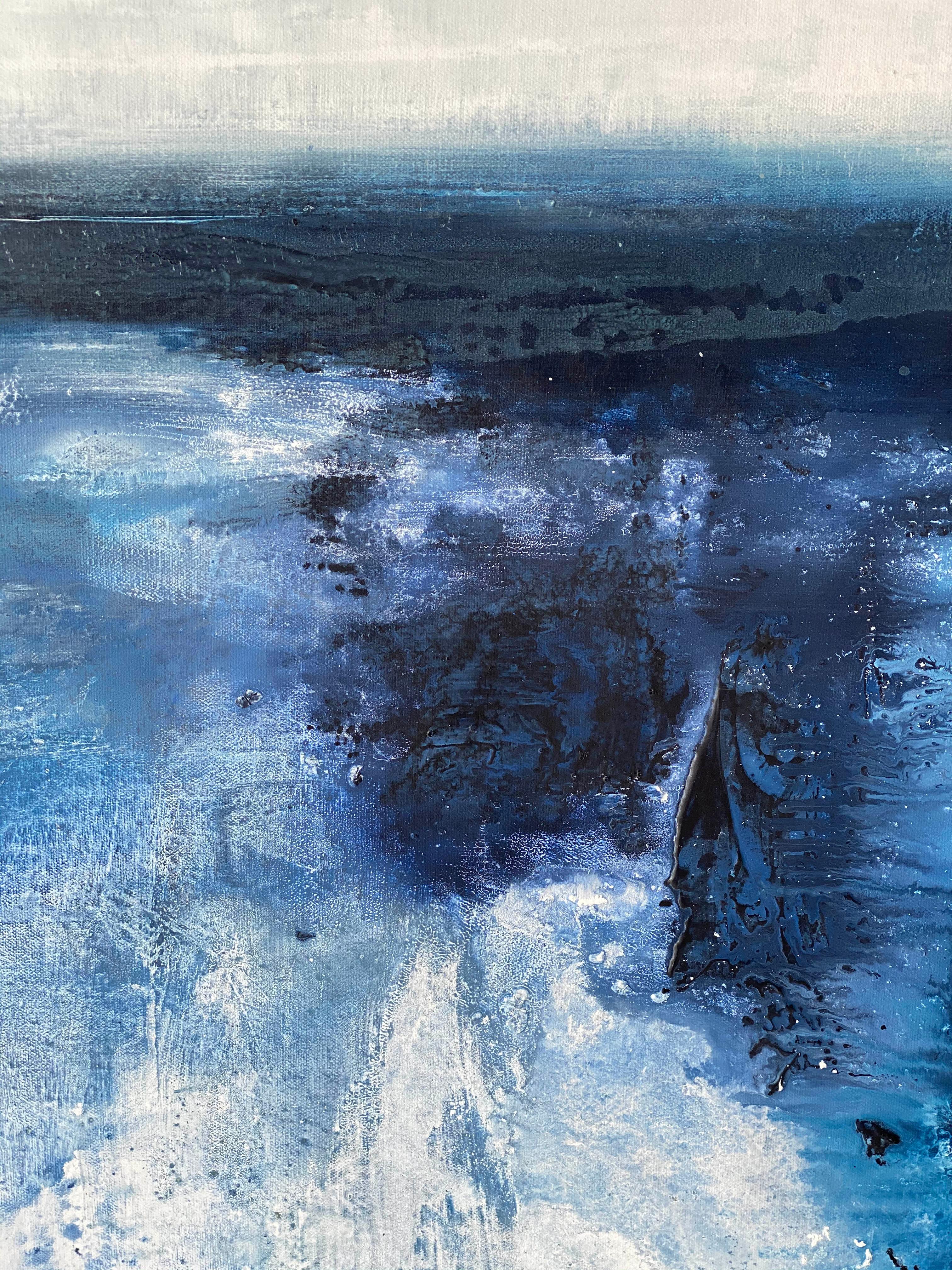Aquarelles dramatiques Peinture impressionniste abstraite océanique bleue et blanche  en vente 8
