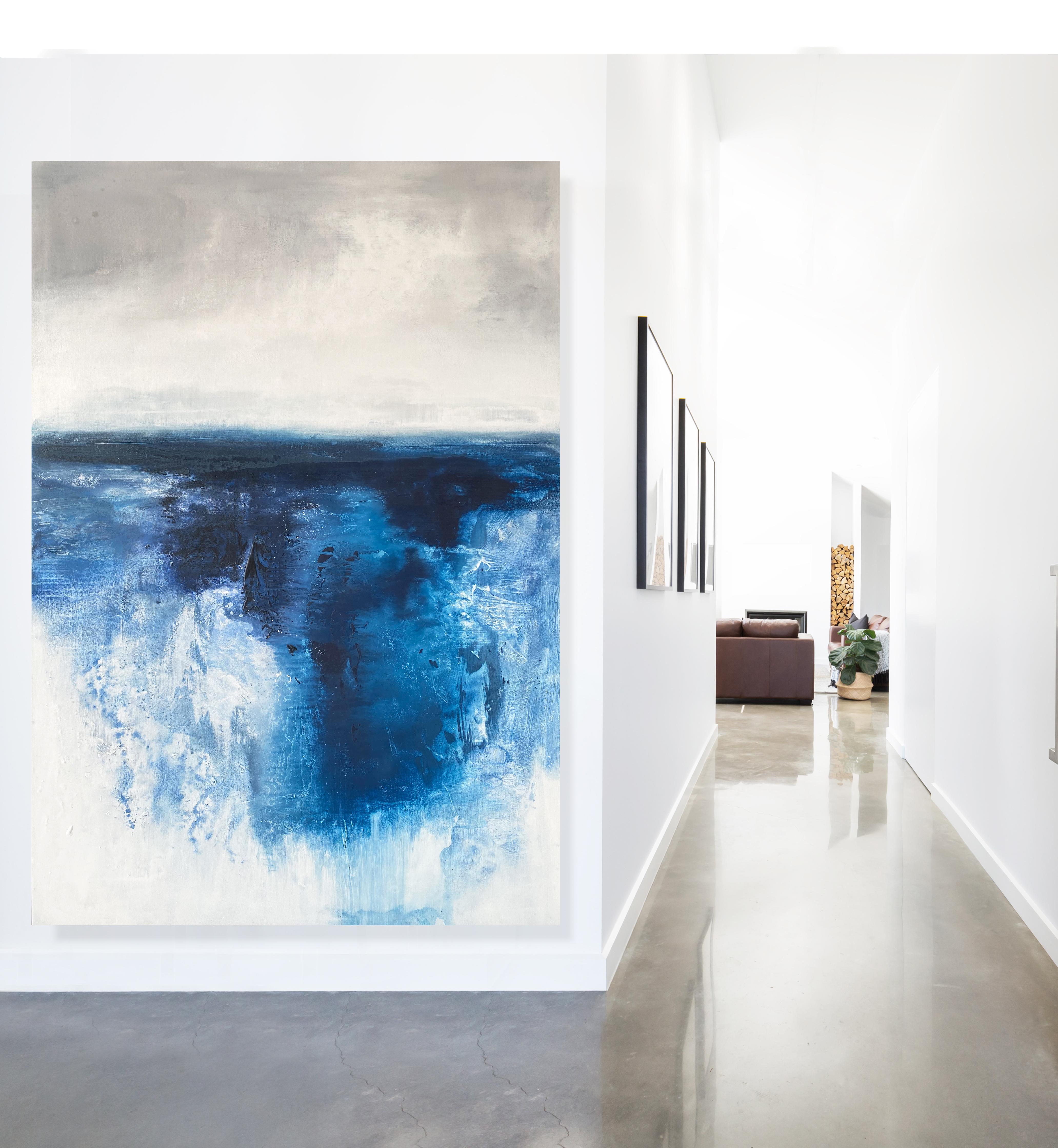 Aquarelles dramatiques Peinture impressionniste abstraite océanique bleue et blanche  en vente 9