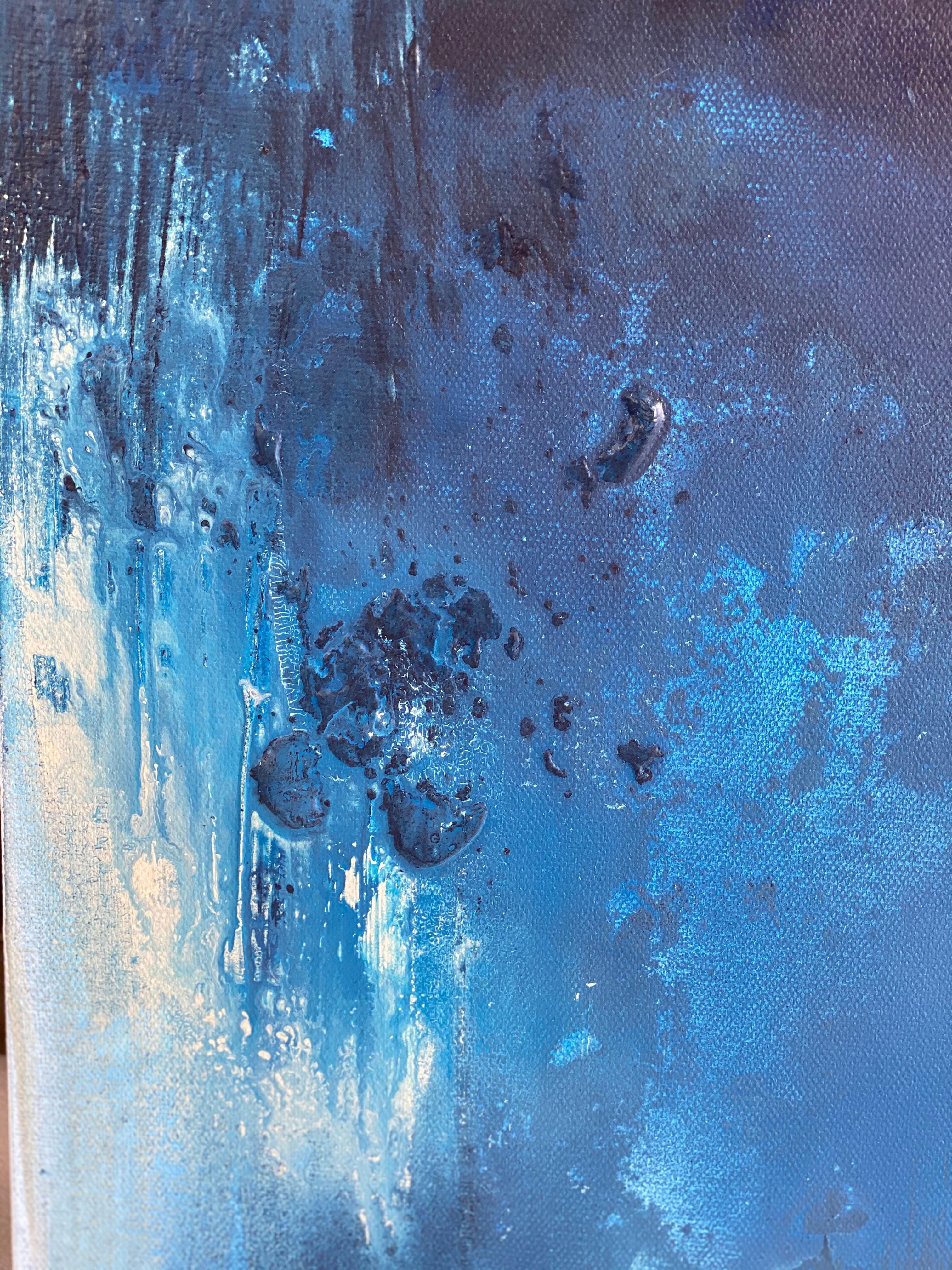 Aquarelles dramatiques Peinture impressionniste abstraite océanique bleue et blanche  en vente 1