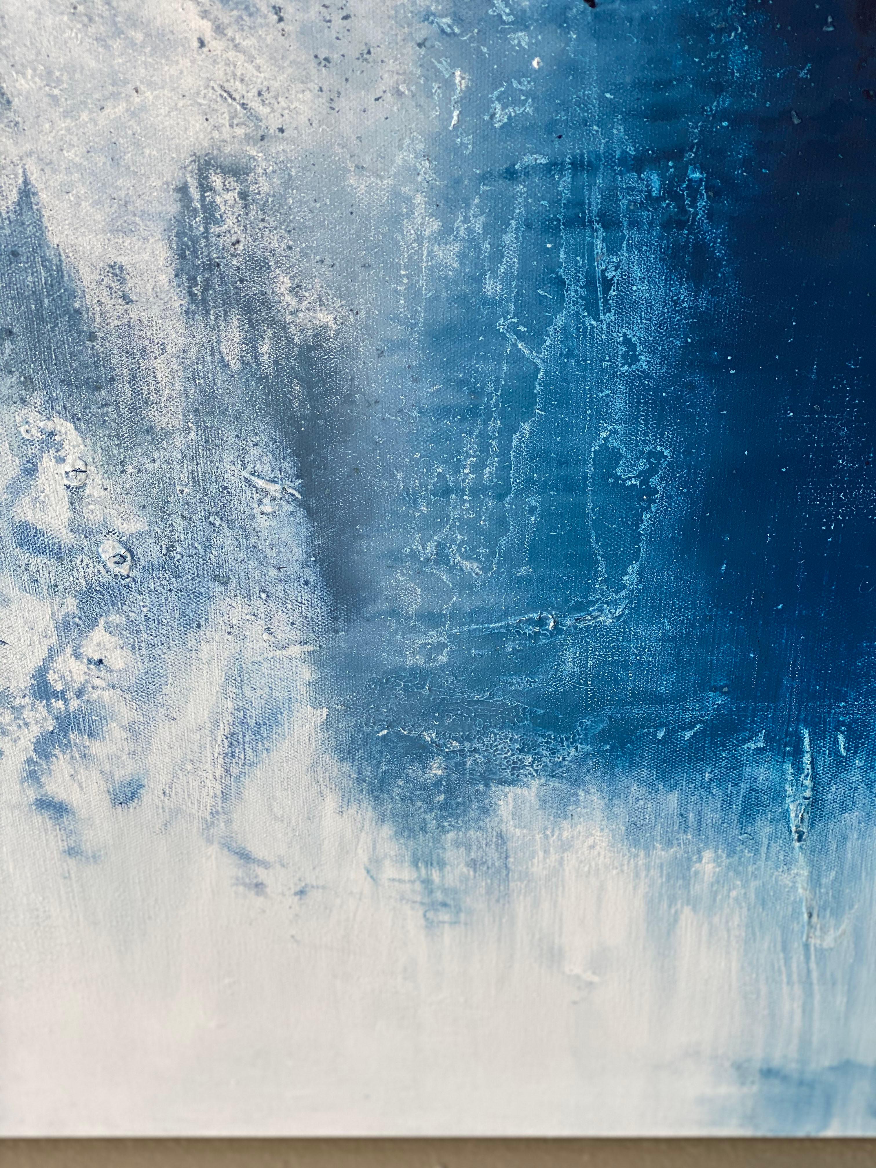 Feel the movement of deep ocean like waters, the energy of white wash waves and the delicate light reflecting in a soft moody grey sky.  This semi abstract oceanscape is highly textured painted in colours of phthalo blue, space grey and