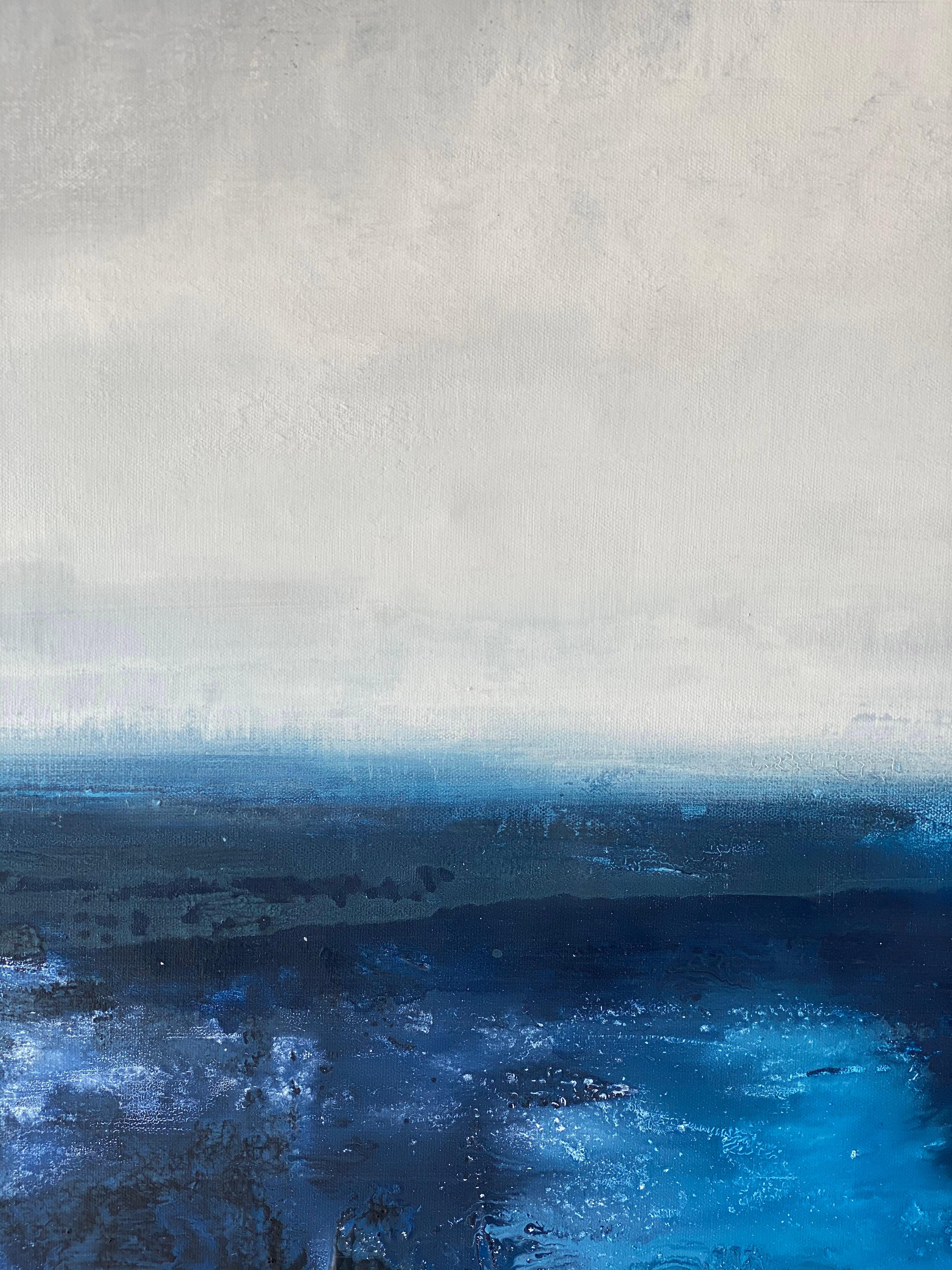 Aquarelles dramatiques Peinture impressionniste abstraite océanique bleue et blanche  en vente 4