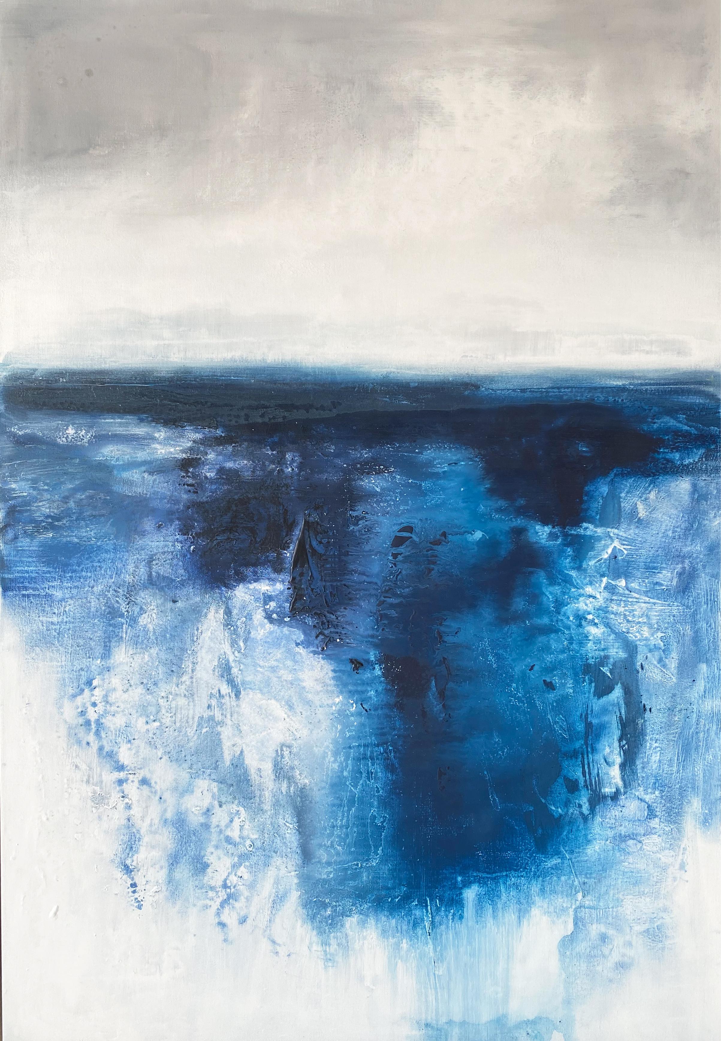Kathleen Rhee Landscape Painting - Dramatic Waters minimalist ocean abstract impressionist painting blue white 
