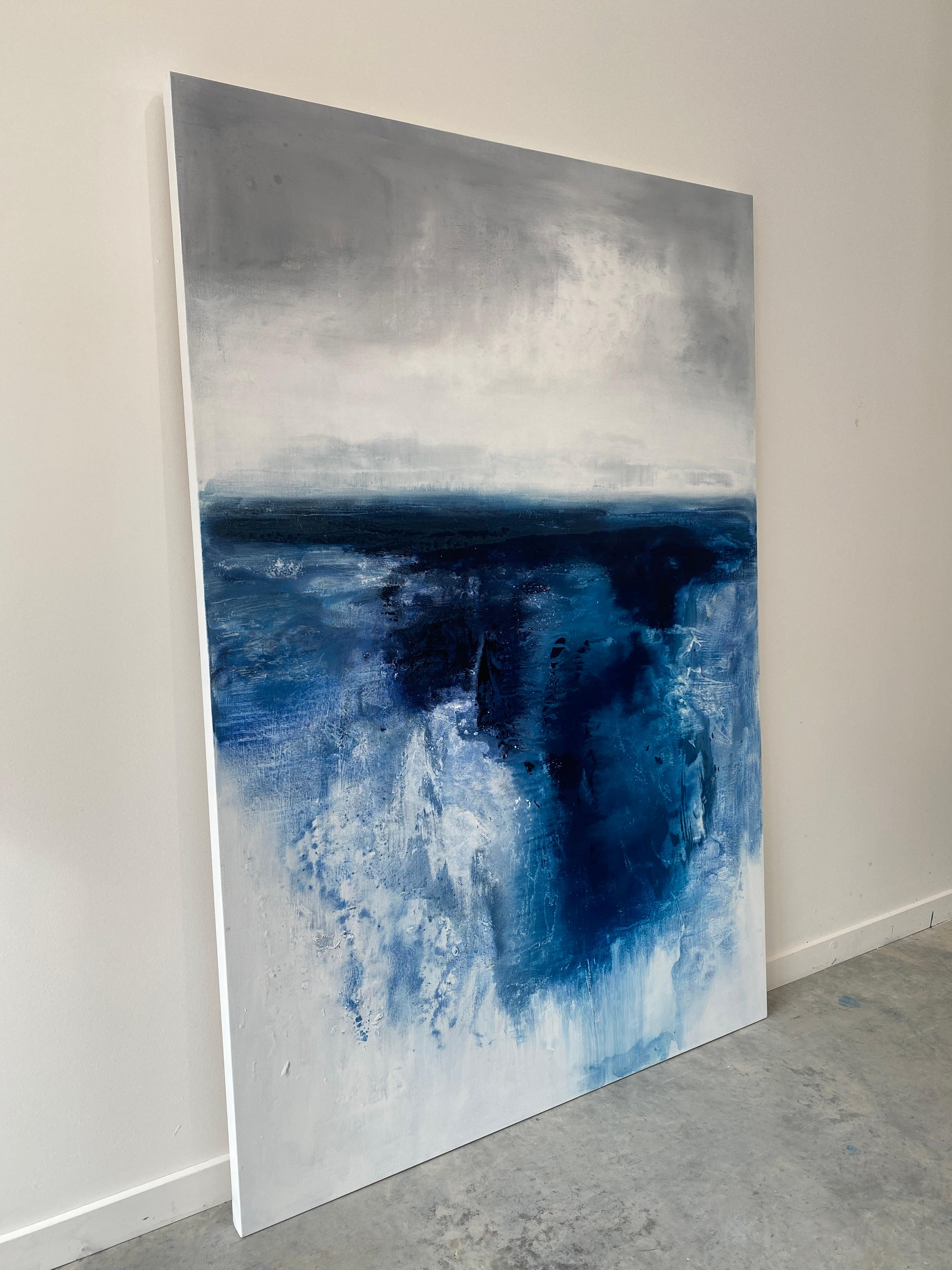 originale astratto minimalista oceano pittura astratta blu scuro acqua bianco in vendita 13