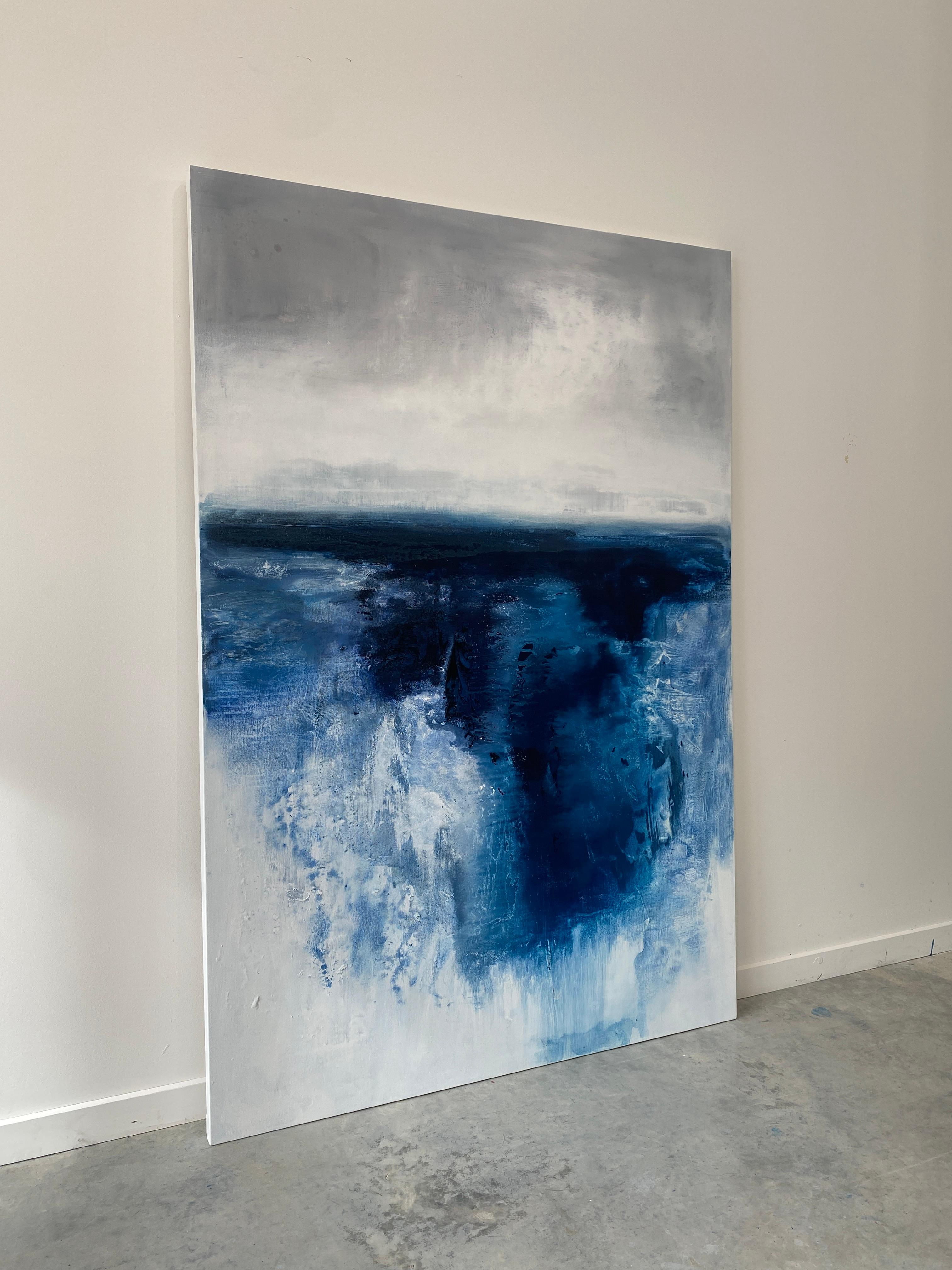 originale astratto minimalista oceano pittura astratta blu scuro acqua bianco in vendita 14