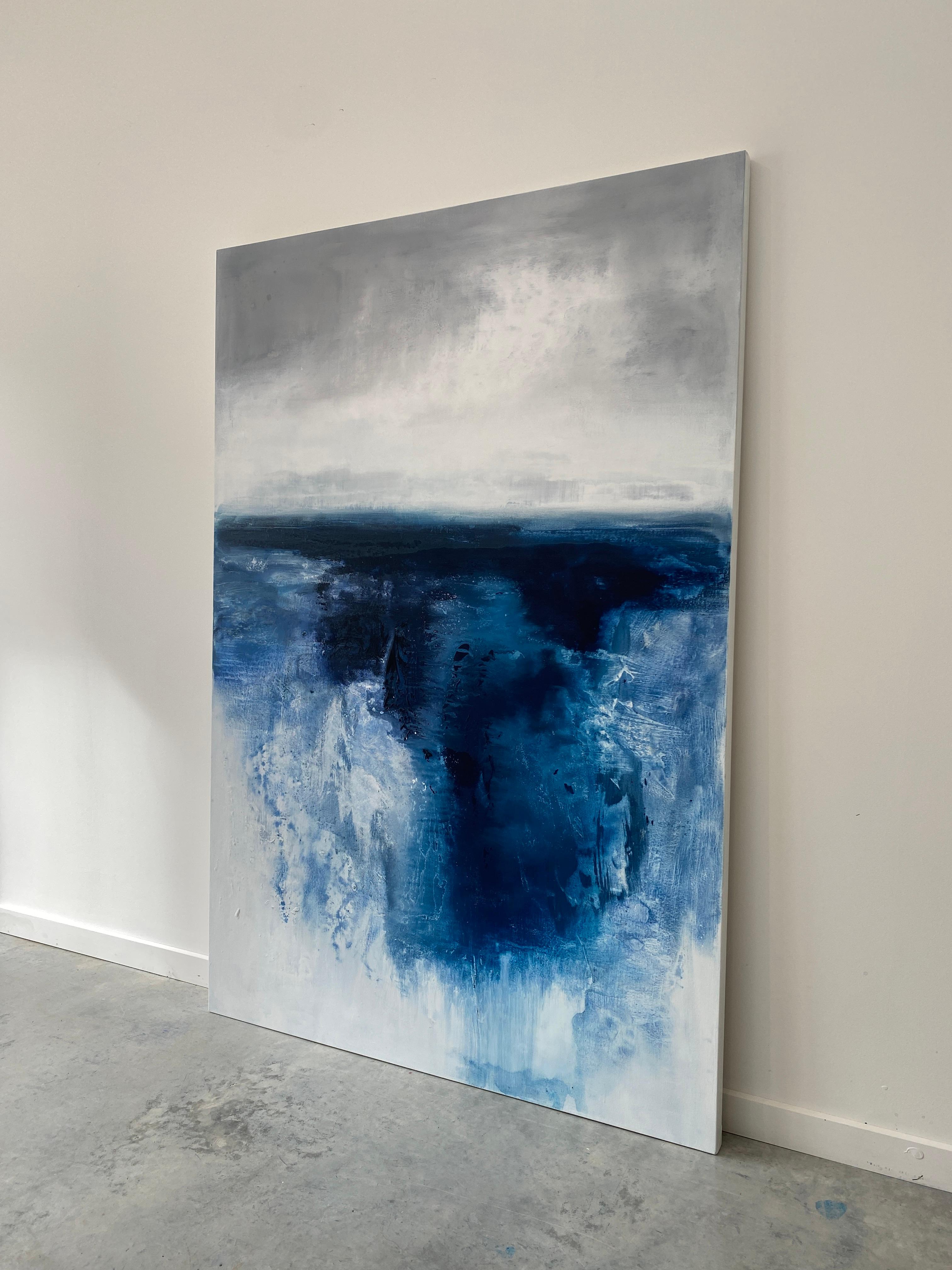 originale astratto minimalista oceano pittura astratta blu scuro acqua bianco in vendita 1