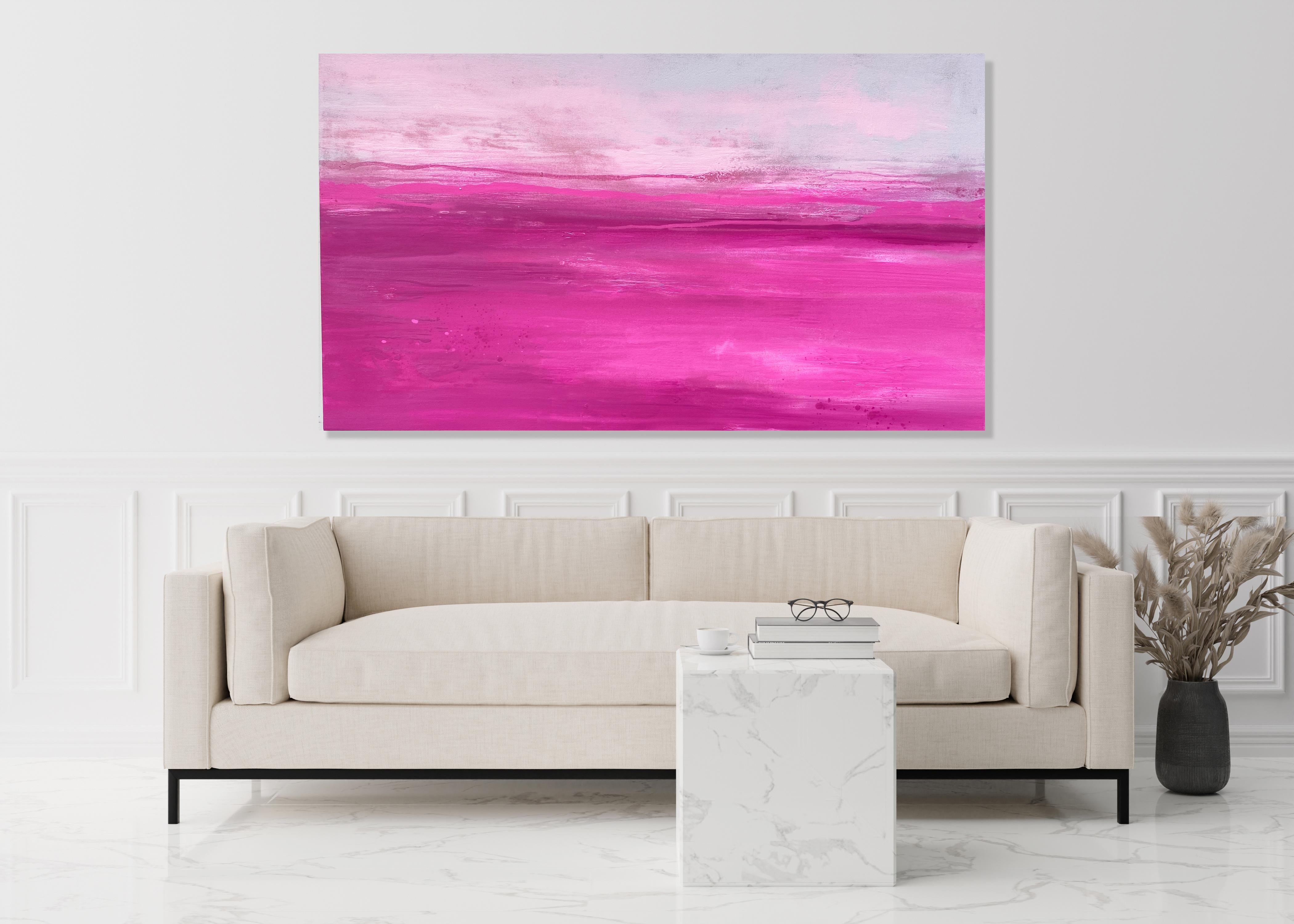 Elegance large abstract seascape on canvas in bright pink light grey white - Painting by Kathleen Rhee