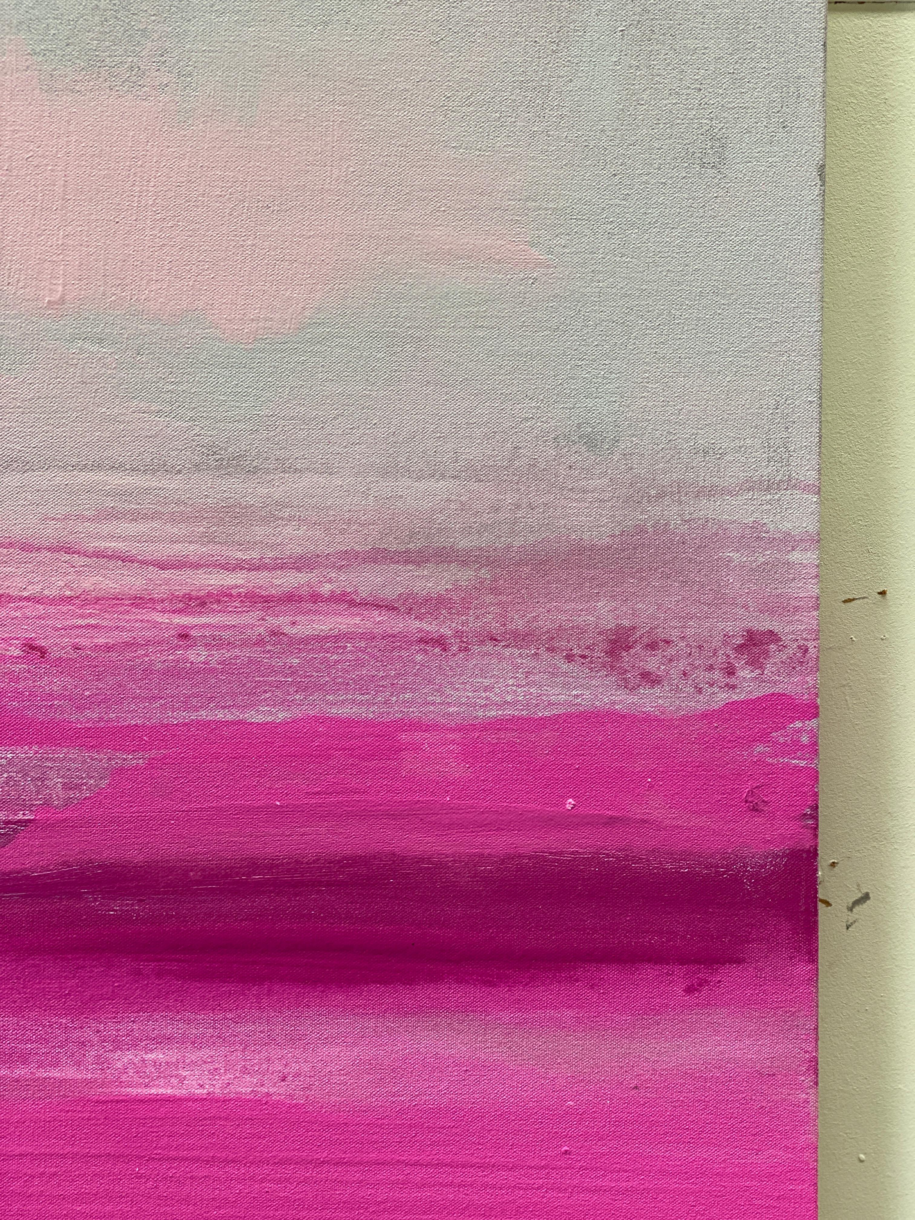Elegance large abstract seascape on canvas in bright pink light grey white - Abstract Painting by Kathleen Rhee