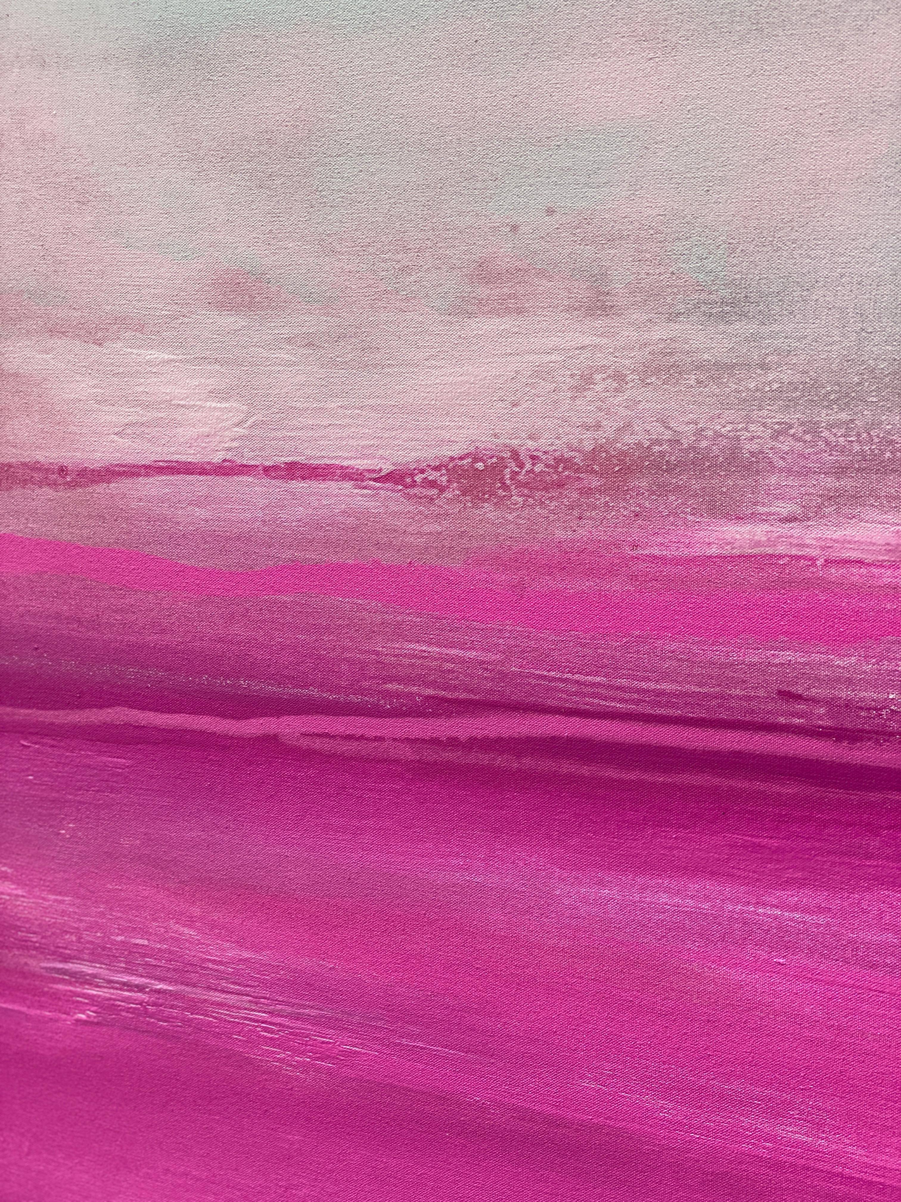 Elegance large abstract seascape on canvas in bright pink light grey white - Purple Abstract Painting by Kathleen Rhee