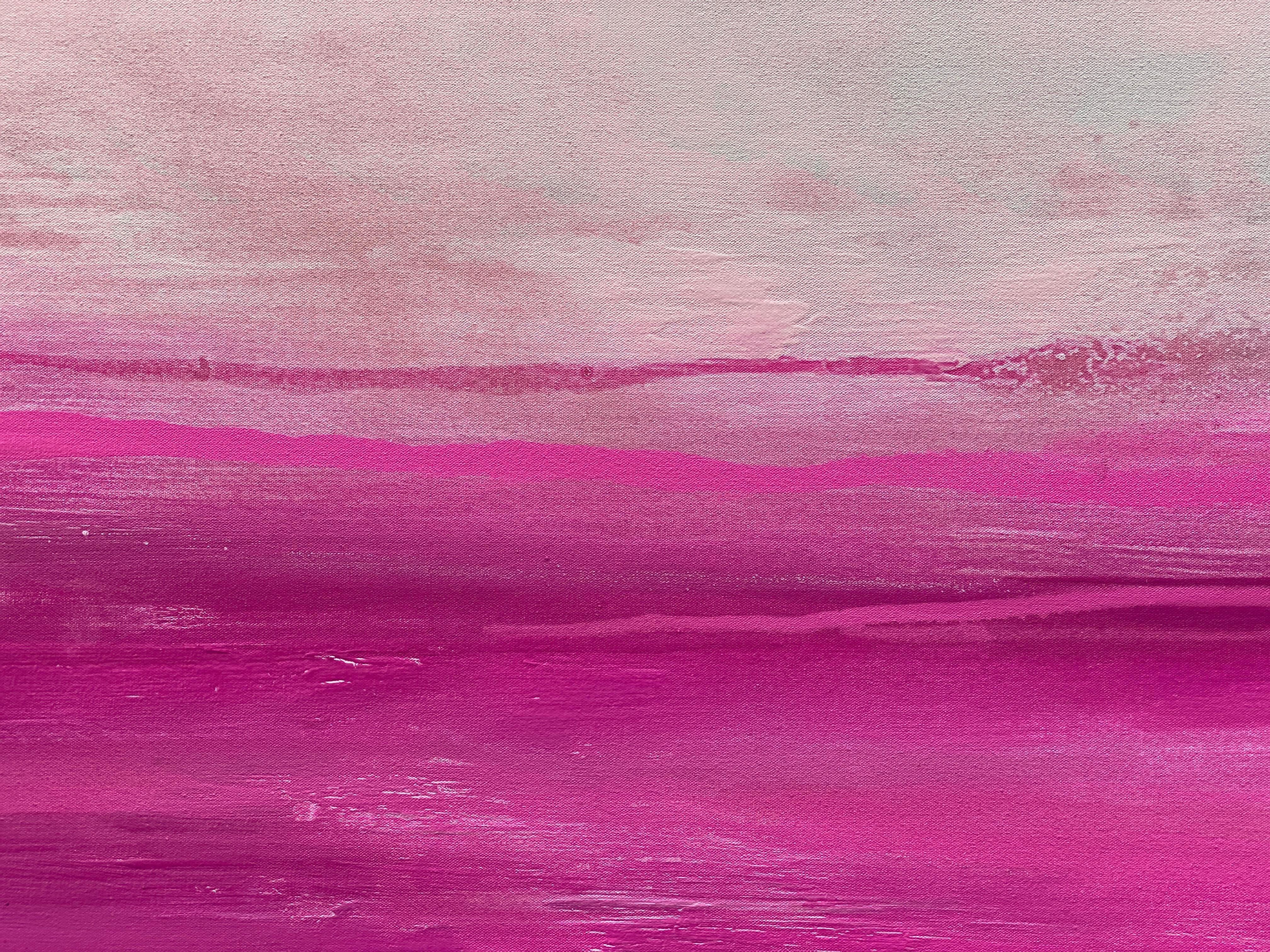 Emanating light, energy and movement, this is large dynamic minimalist abstract is painted in colours of pastel pink, vibrant pink, magenta, mist and white. Layered paint reveal descriptive textures, delicate details, thick rough textures in areas