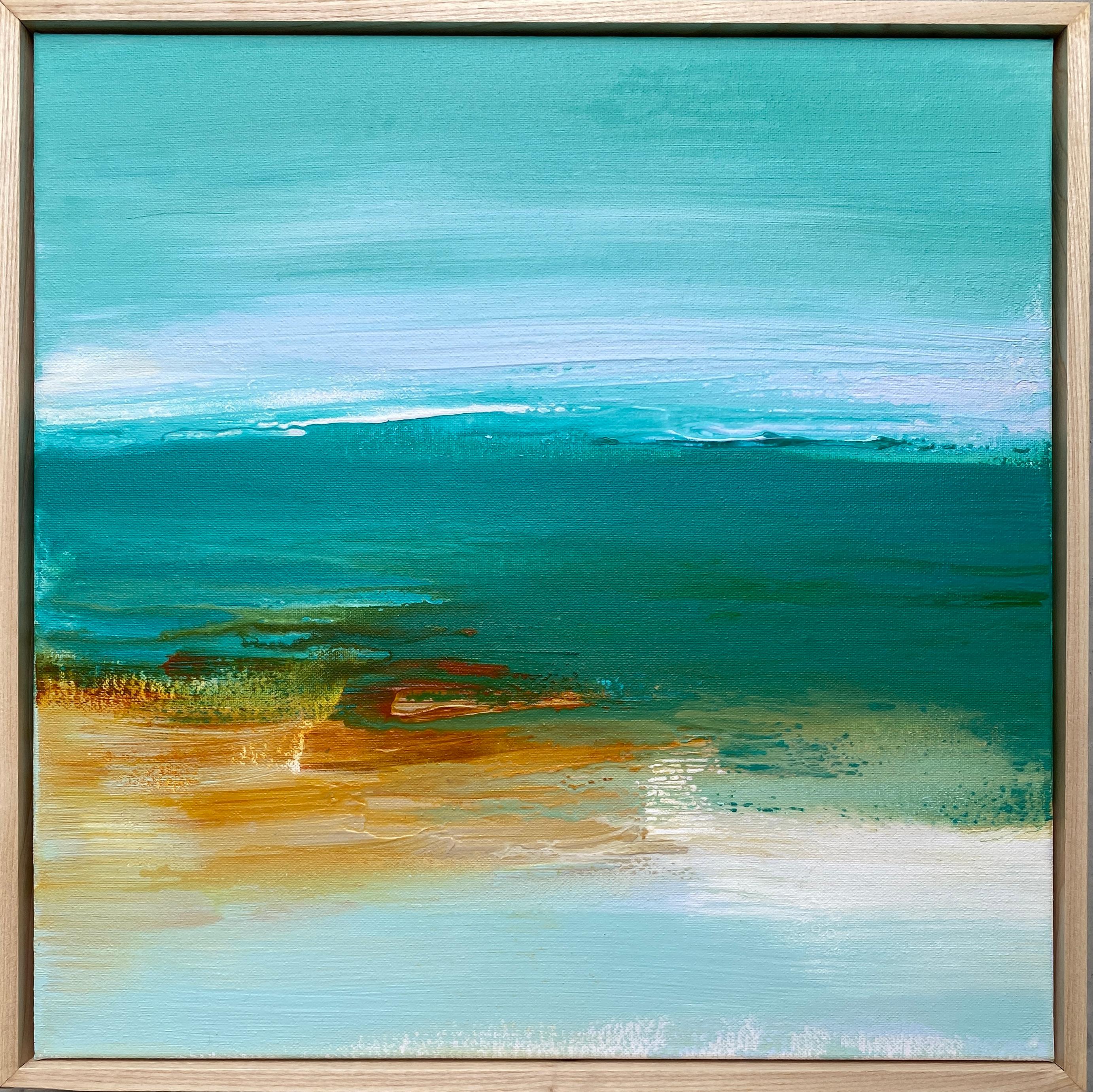Abstract Painting Kathleen Rhee - Encadré carré abstrait expressionniste vert menthe de Sienne, minimaliste