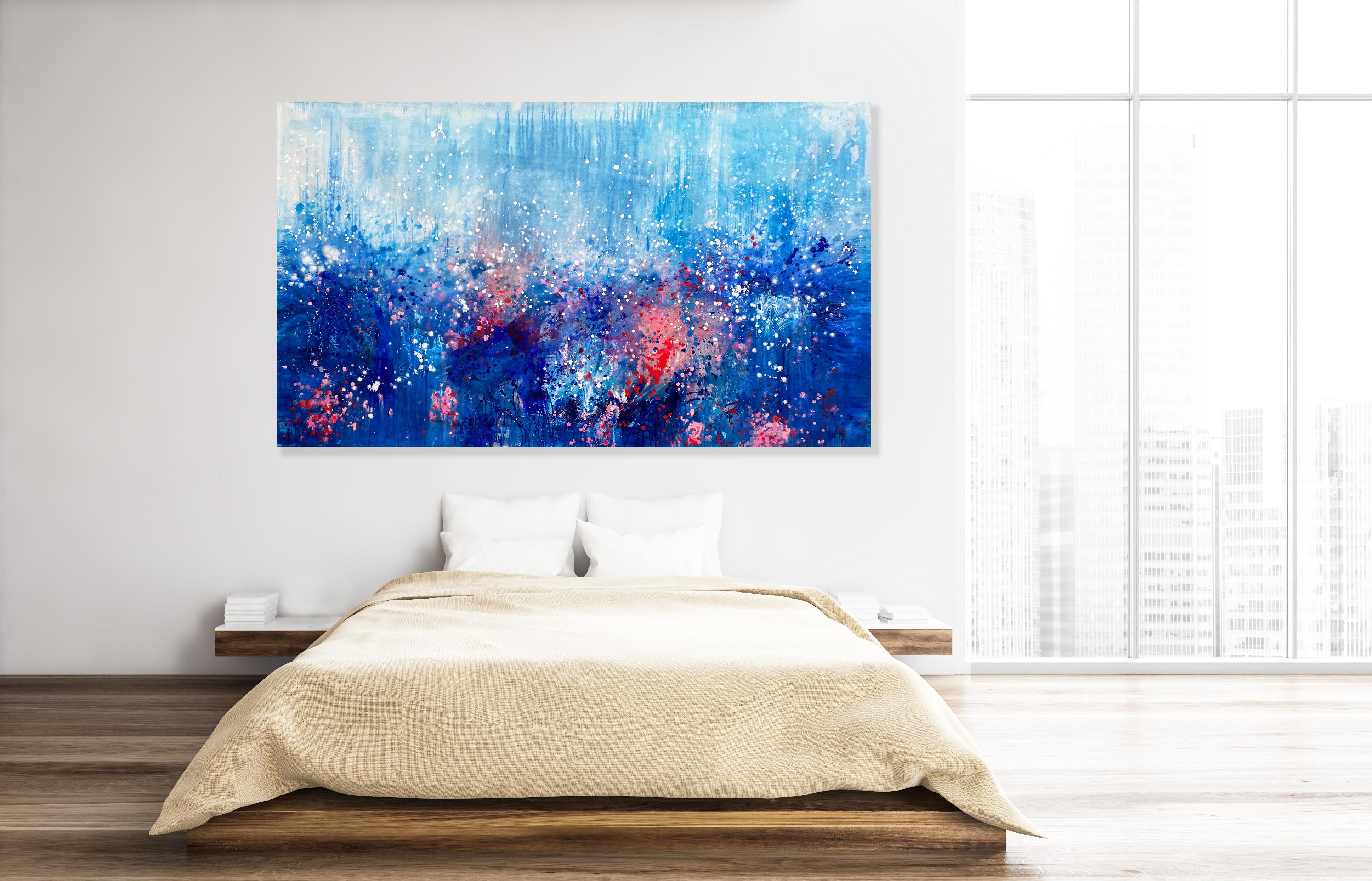 Falling Joy large statement art abstract painting blue pink red blue coral  - Painting by Kathleen Rhee
