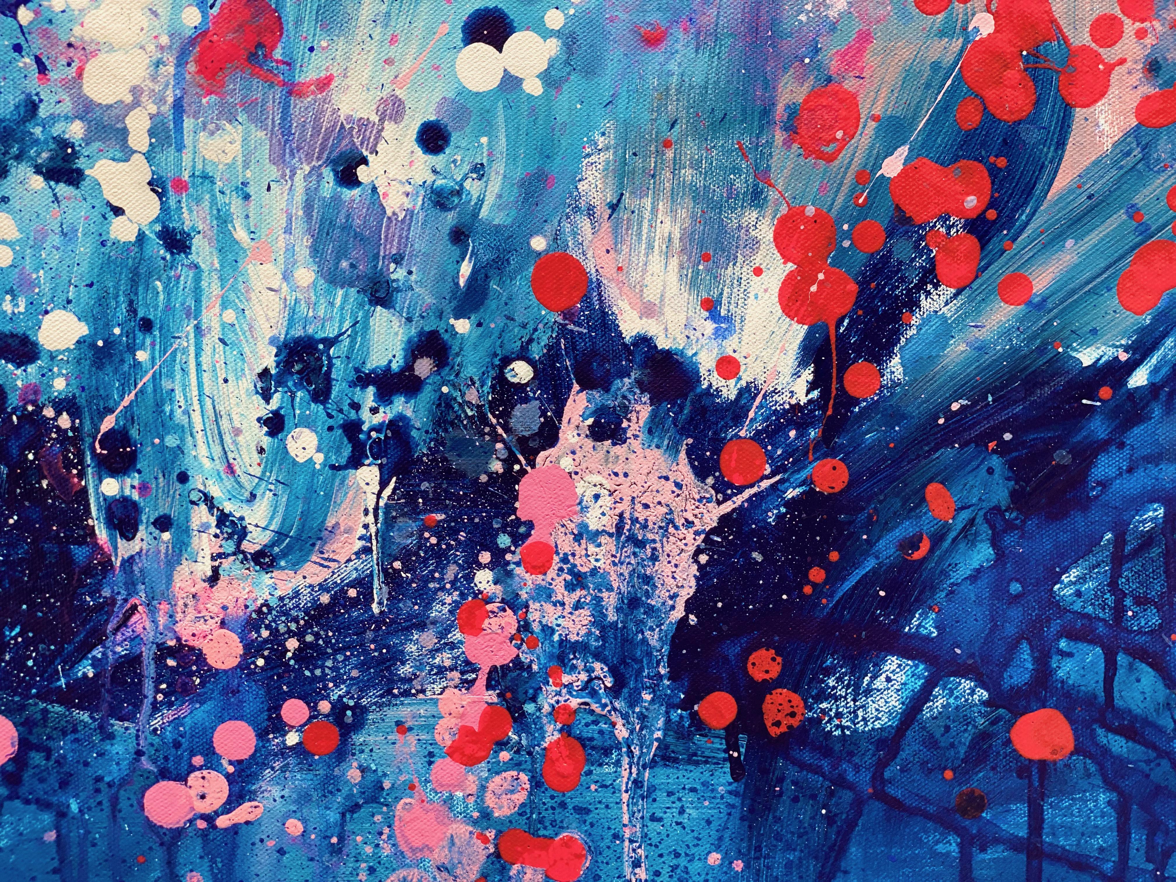 Falling Joy large statement art abstract painting blue pink red blue coral  - Blue Abstract Painting by Kathleen Rhee