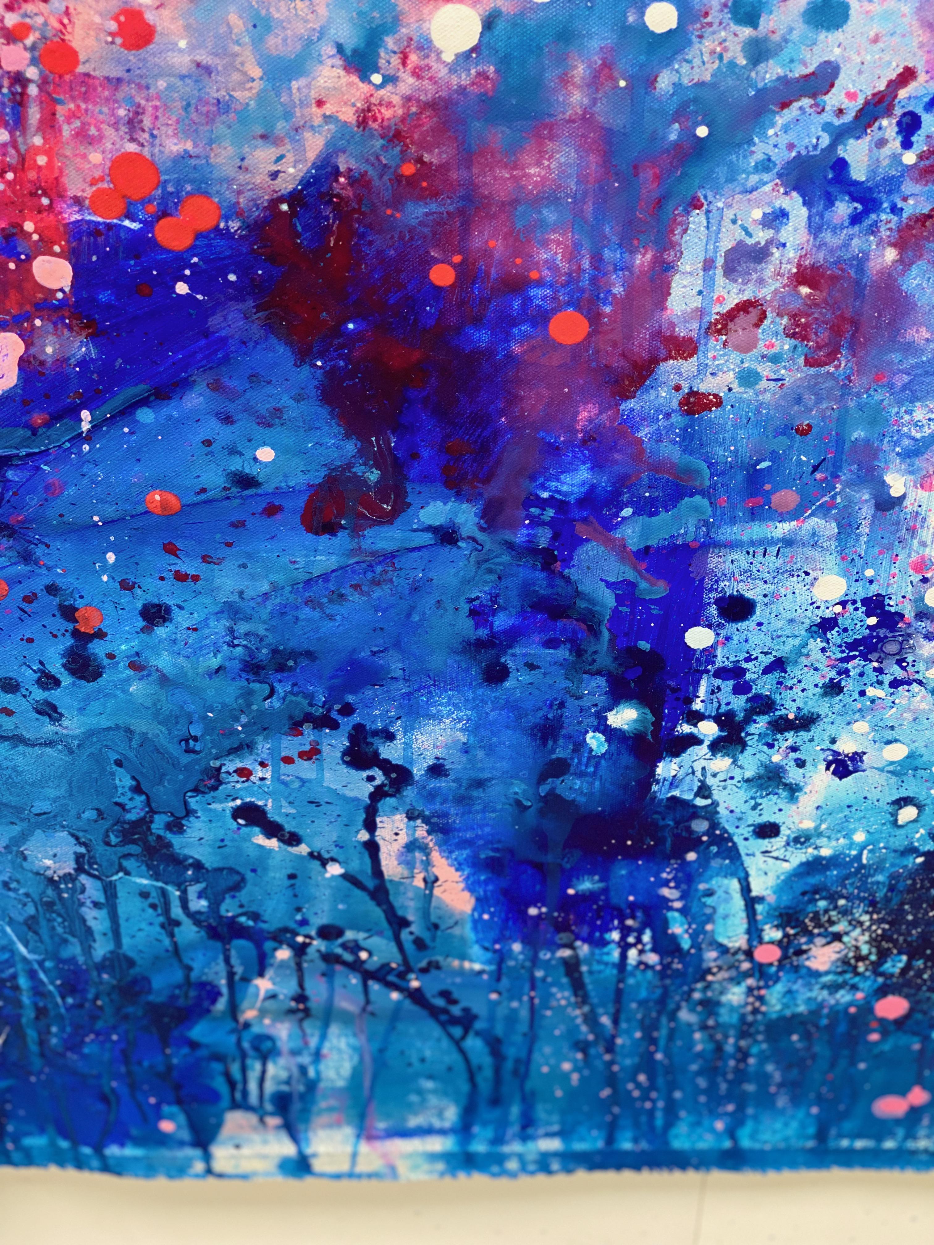 Falling Joy large statement art abstract painting blue pink red blue coral  For Sale 1