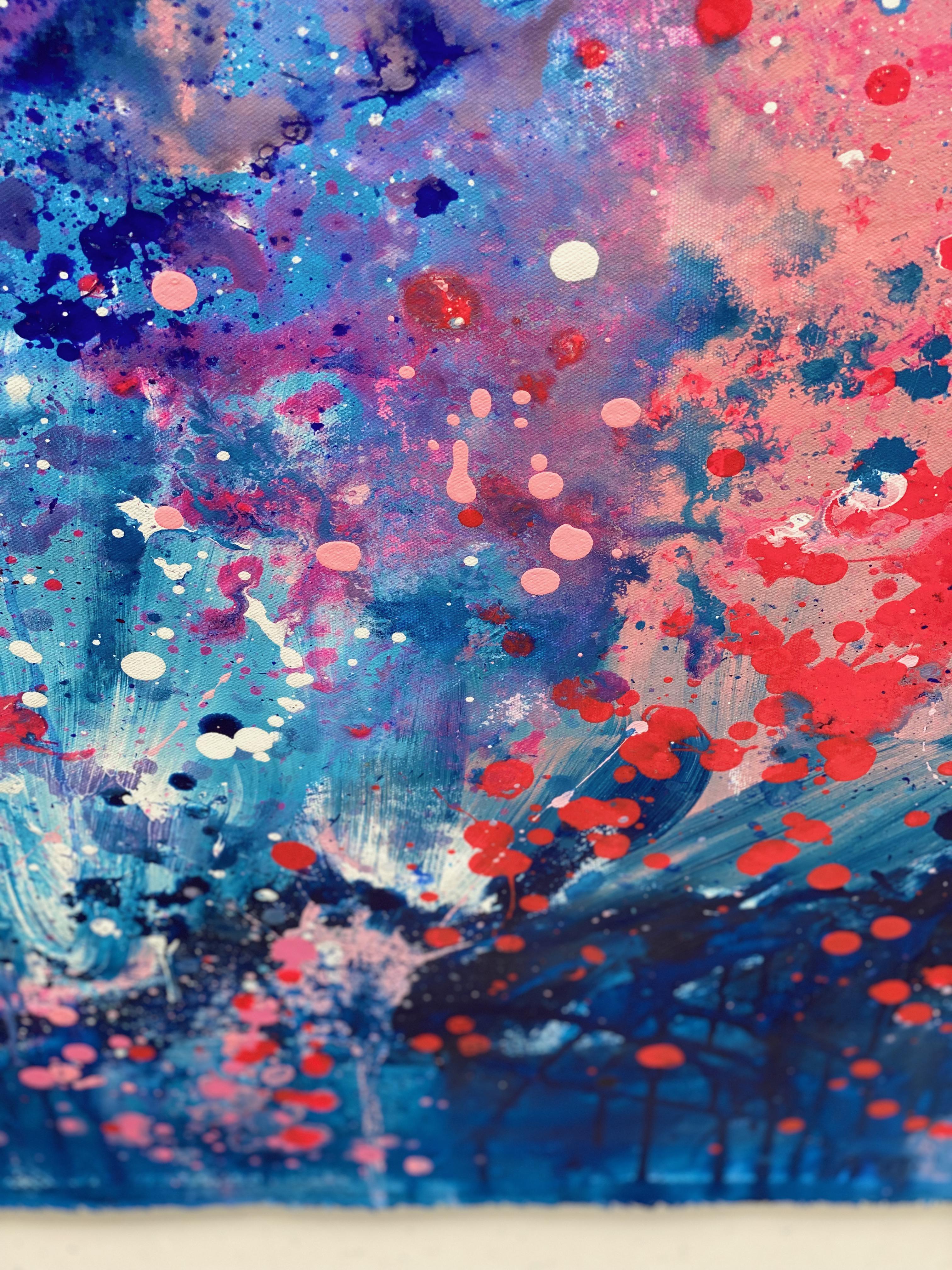 Falling Joy large statement art abstract painting blue pink red blue coral  For Sale 2