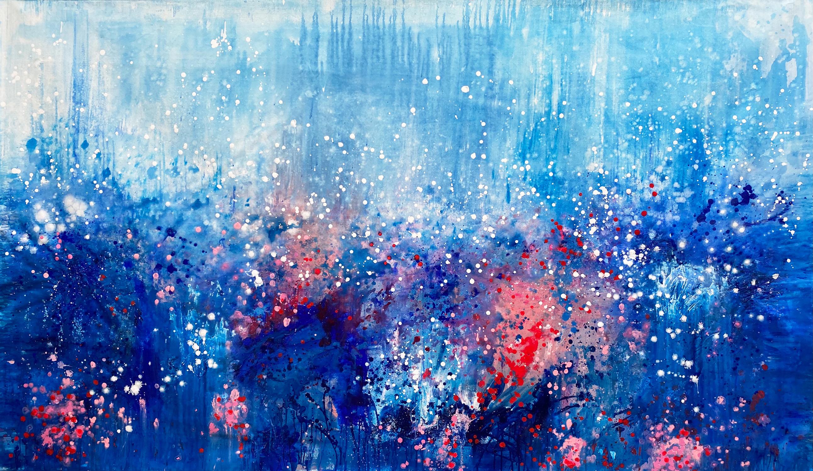 Kathleen Rhee Abstract Painting - Falling Joy large statement art abstract painting blue pink red blue coral 