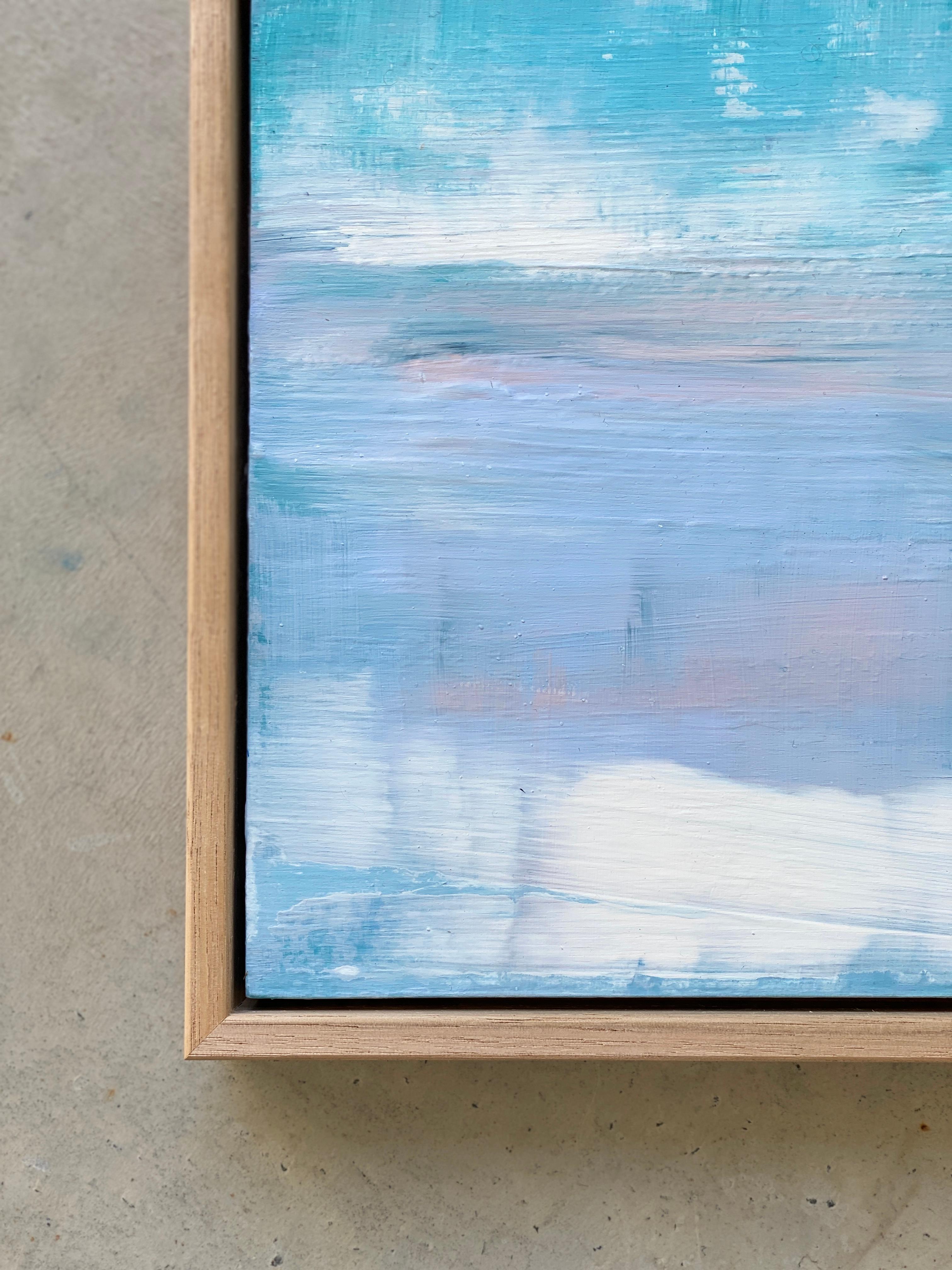 Petit paysage impressionniste abstrait encadré bleu lilas et rose flottant - Impressionnisme abstrait Painting par Kathleen Rhee