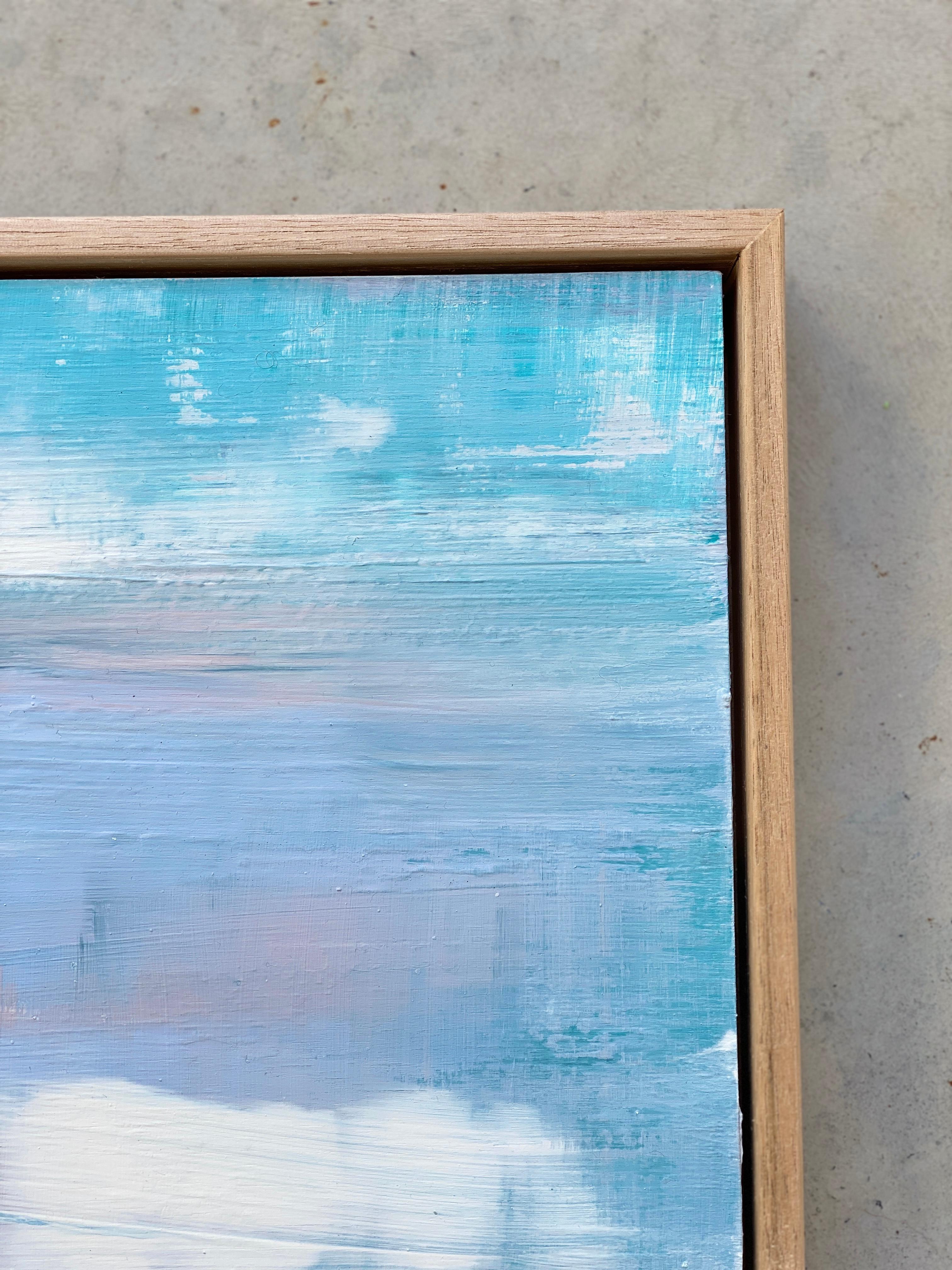 Floating Away', un petit tableau carré, encadré sur mesure, peintures abstraites minimalistes sur contreplaqué de bois. Illuminez la pièce avec des couleurs vives et estivales, des pastels et des aquas. Profitez de l'énergie et de la sensation de