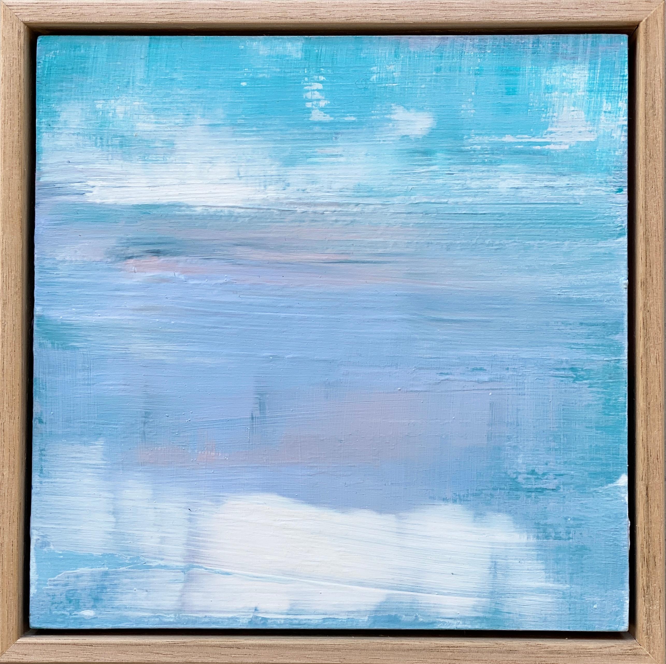 Abstract Painting Kathleen Rhee - Petit paysage impressionniste abstrait encadré bleu lilas et rose flottant