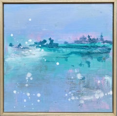 Paysage impressionniste abstrait encadré vert lavande rose menthe