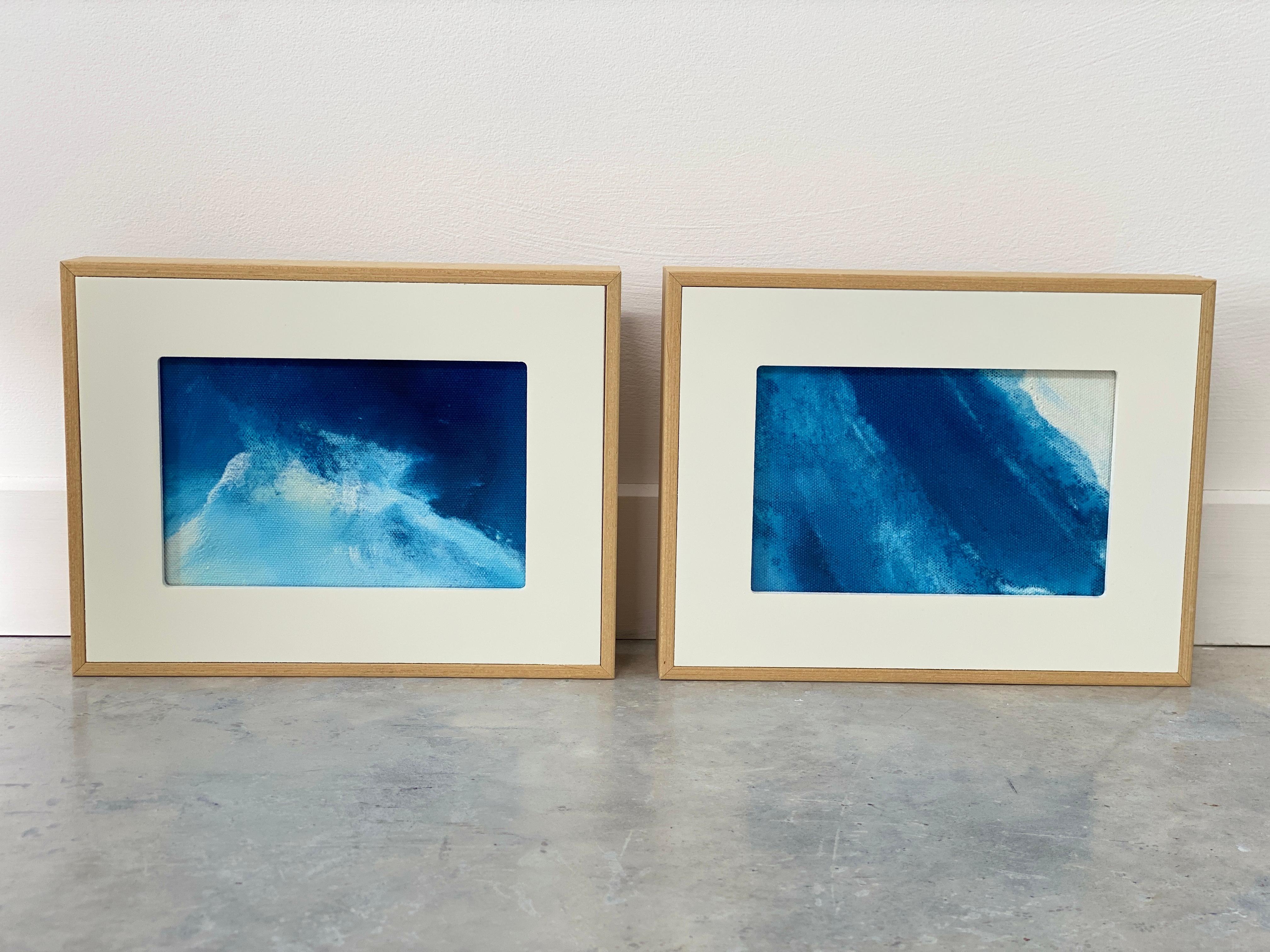 'Gentle Blends Blue Set' 2 small original paintings, quality framed, minimalist abstracts on canvas. Lighten up the room with bright, summer classic colours of blue and white. Enjoy the calming, uplifting energy each time you view these happy little