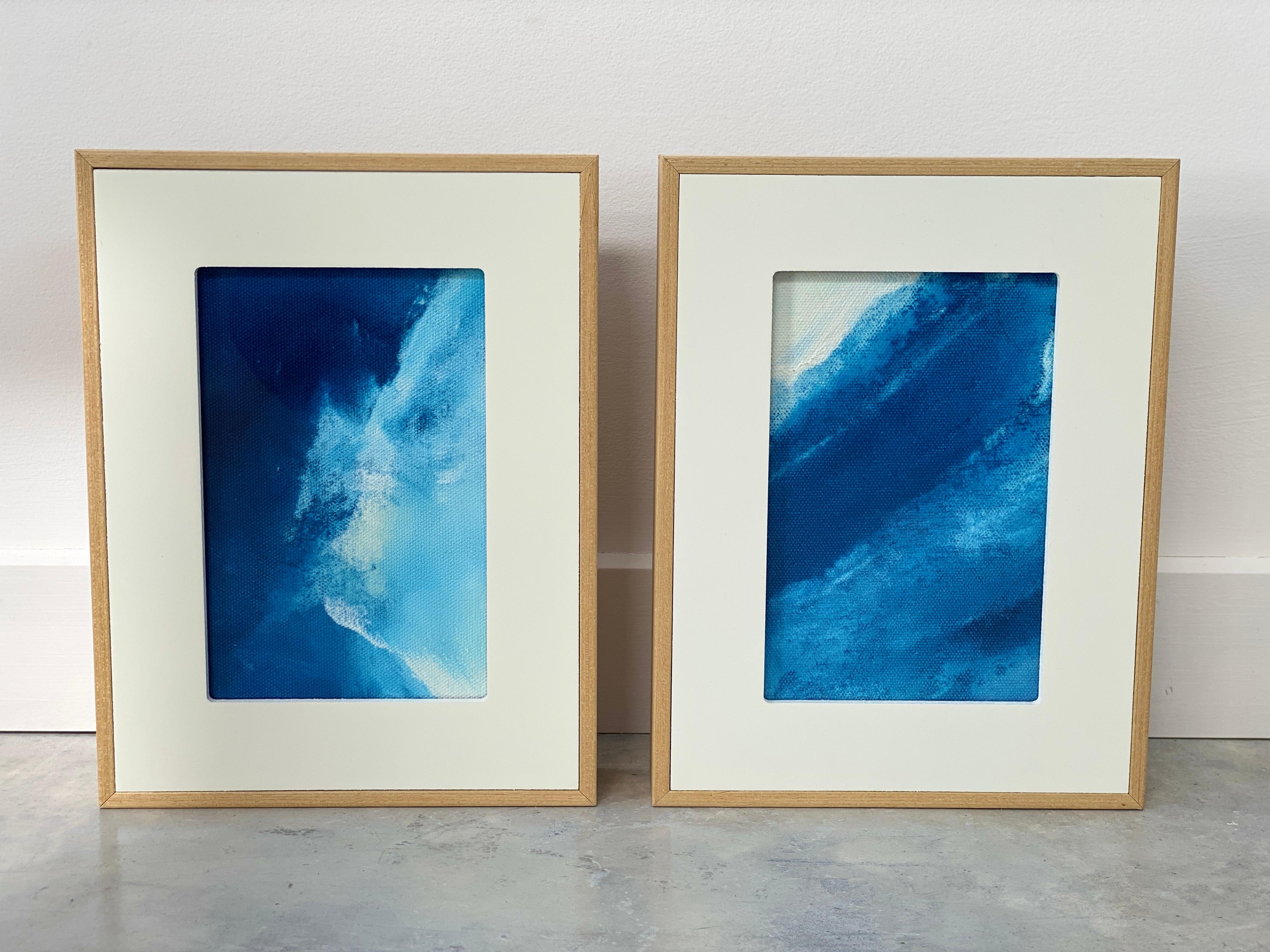 Kathleen Rhee Abstract Painting - Ocean water blue waves surf abstract impressionist framed set ready to hang