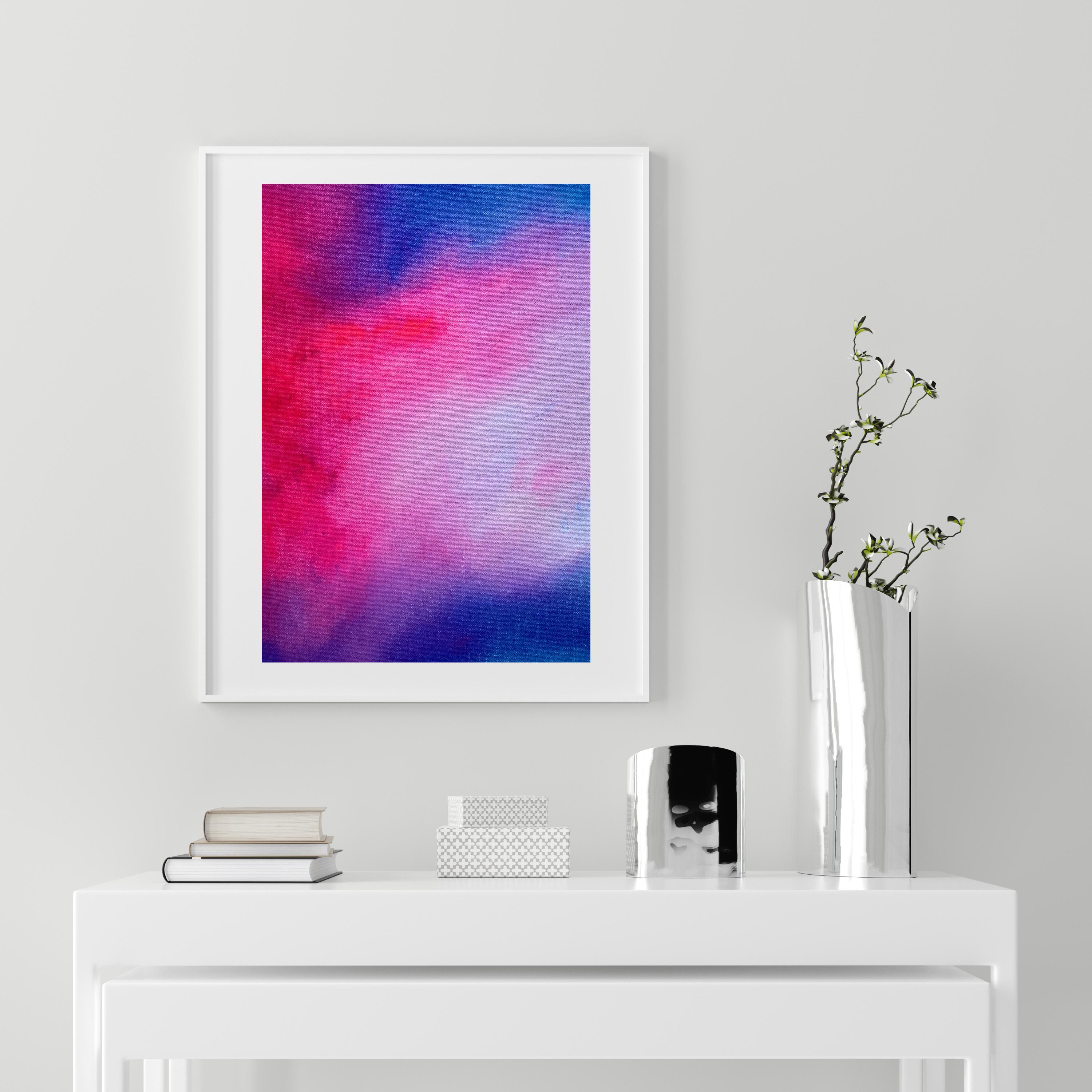 Gentle Blends Blue & Pink no2 small abstract on canvas framed in white mat board - Painting by Kathleen Rhee