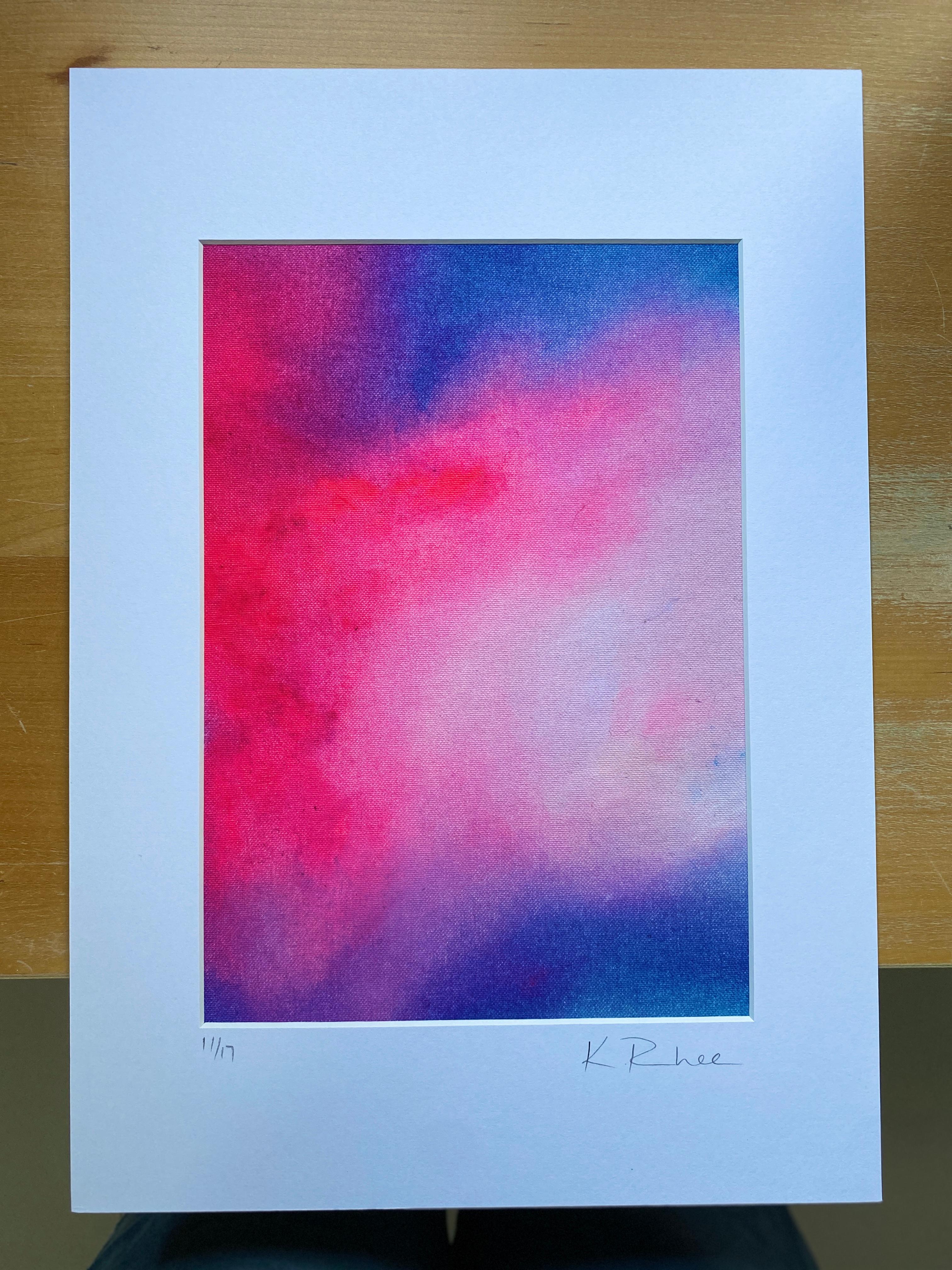 Gentle Blends Blue & Pink no2 small abstract on canvas framed in white mat board - Abstract Painting by Kathleen Rhee