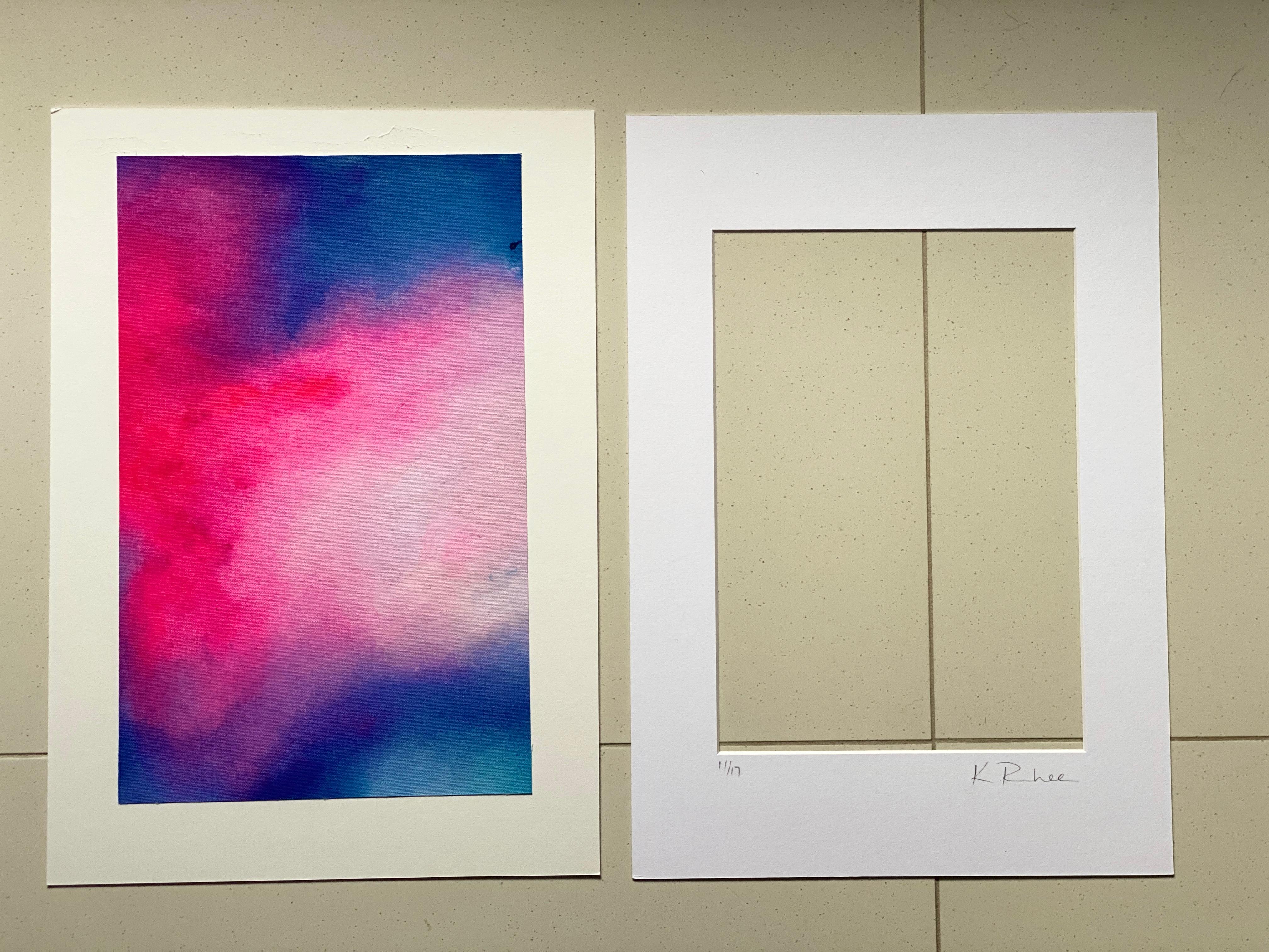 Gentle Blends Blue & Pink no2 small abstract on canvas framed in white mat board For Sale 2