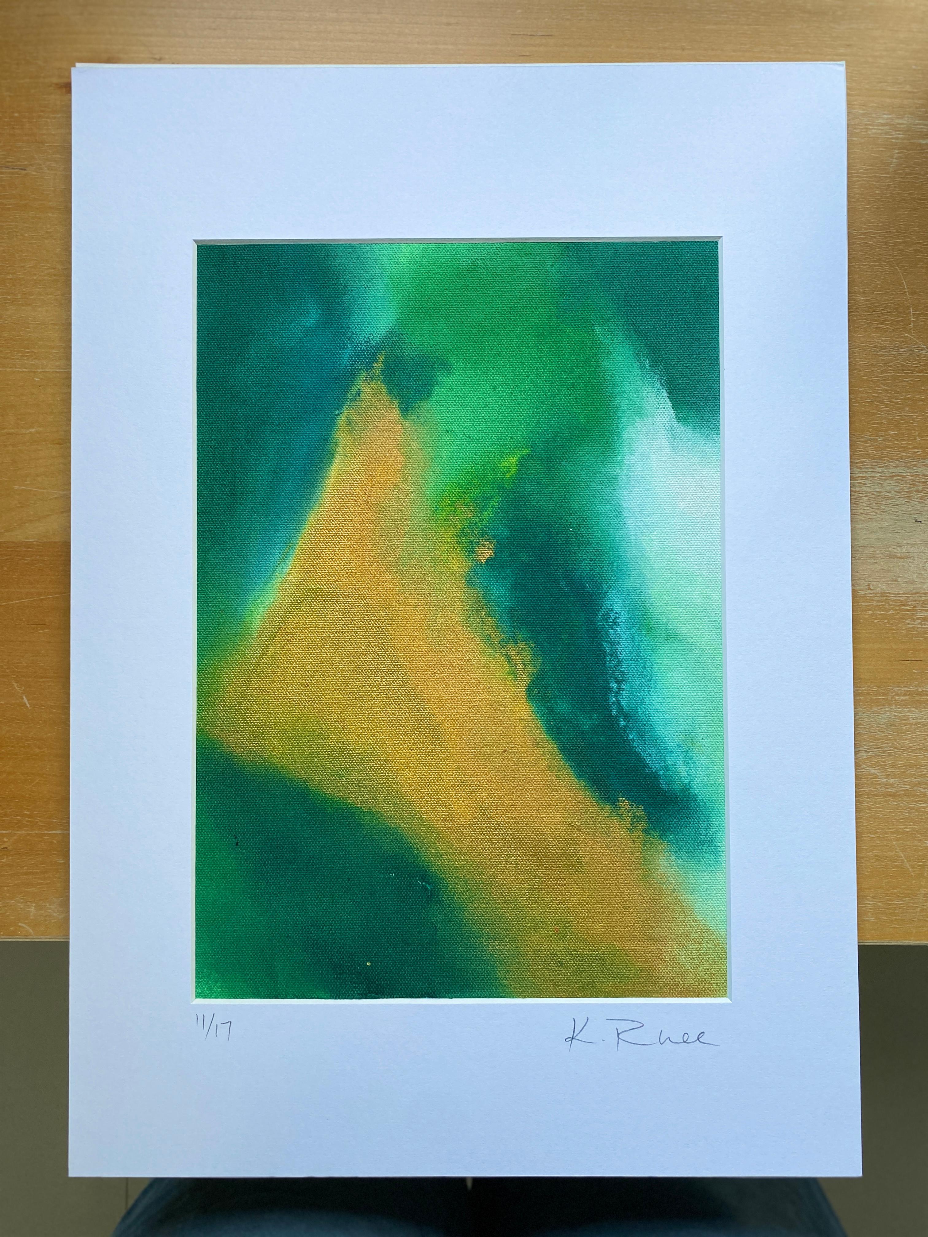 Gentle Blends, peinture organique expressionniste abstraite verte jaune dorée - Abstrait Painting par Kathleen Rhee