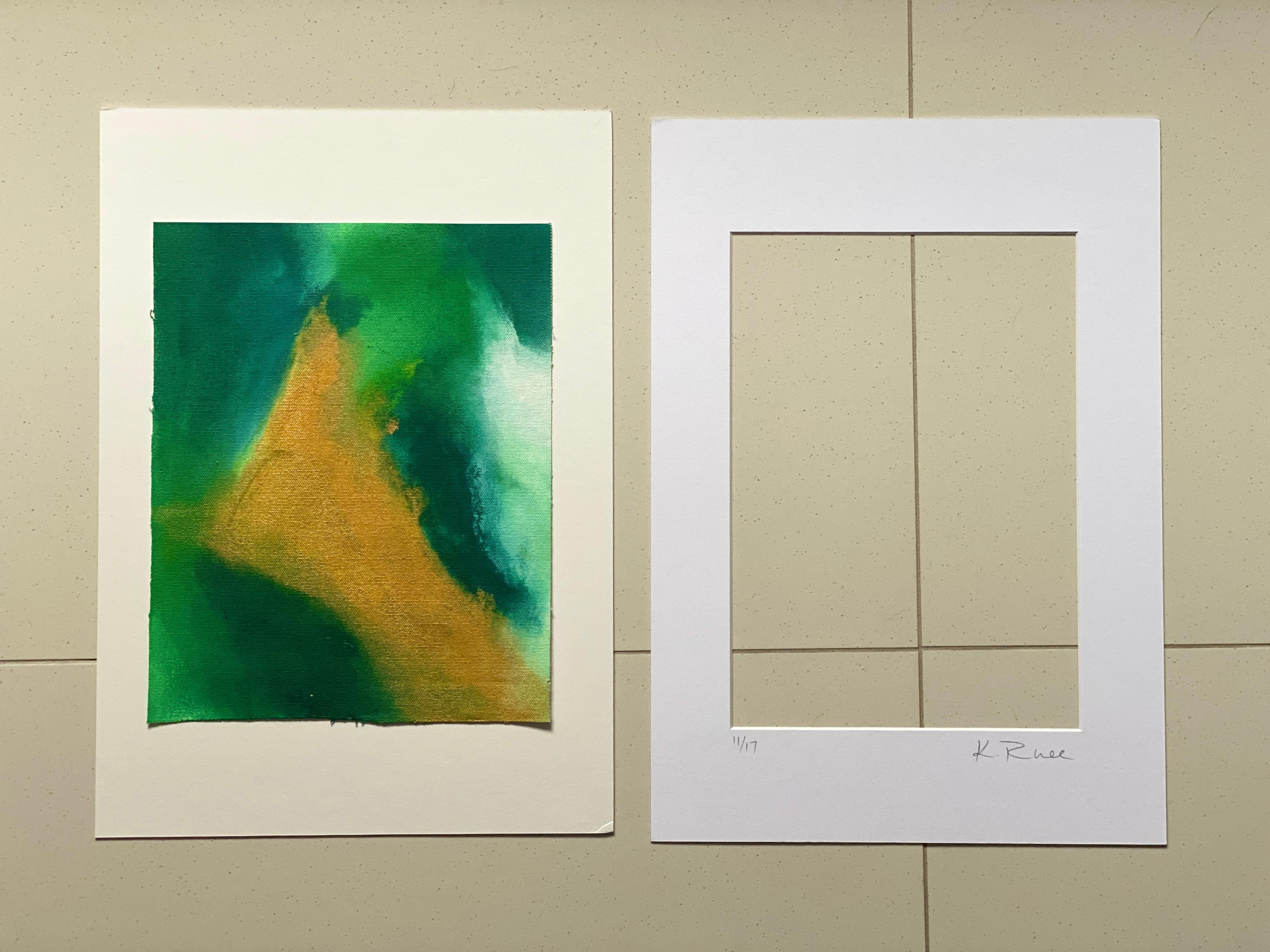 Gentle Blends, peinture organique expressionniste abstraite verte jaune dorée en vente 4