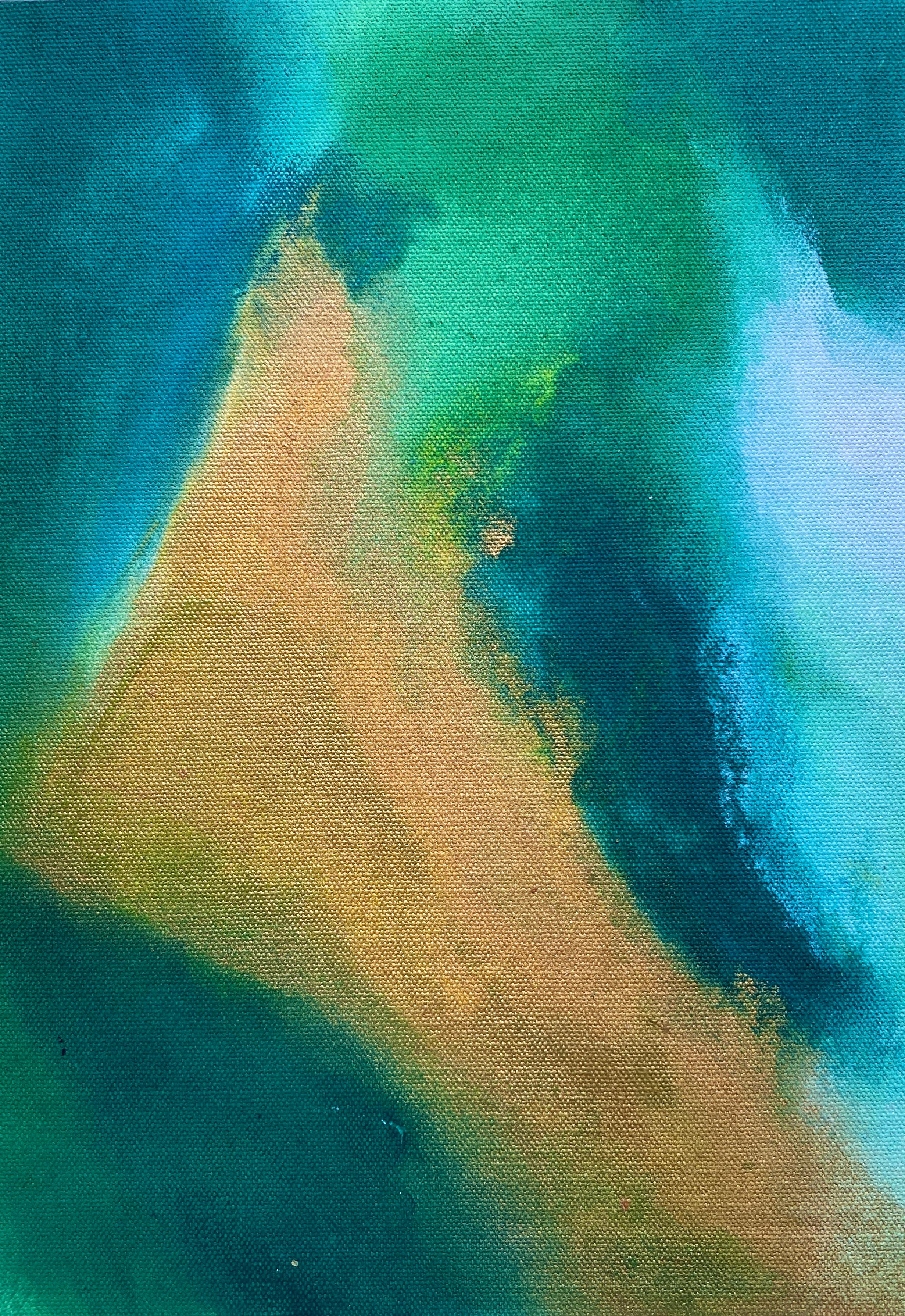 Abstract Painting Kathleen Rhee - Gentle Blends, peinture organique expressionniste abstraite verte jaune dorée