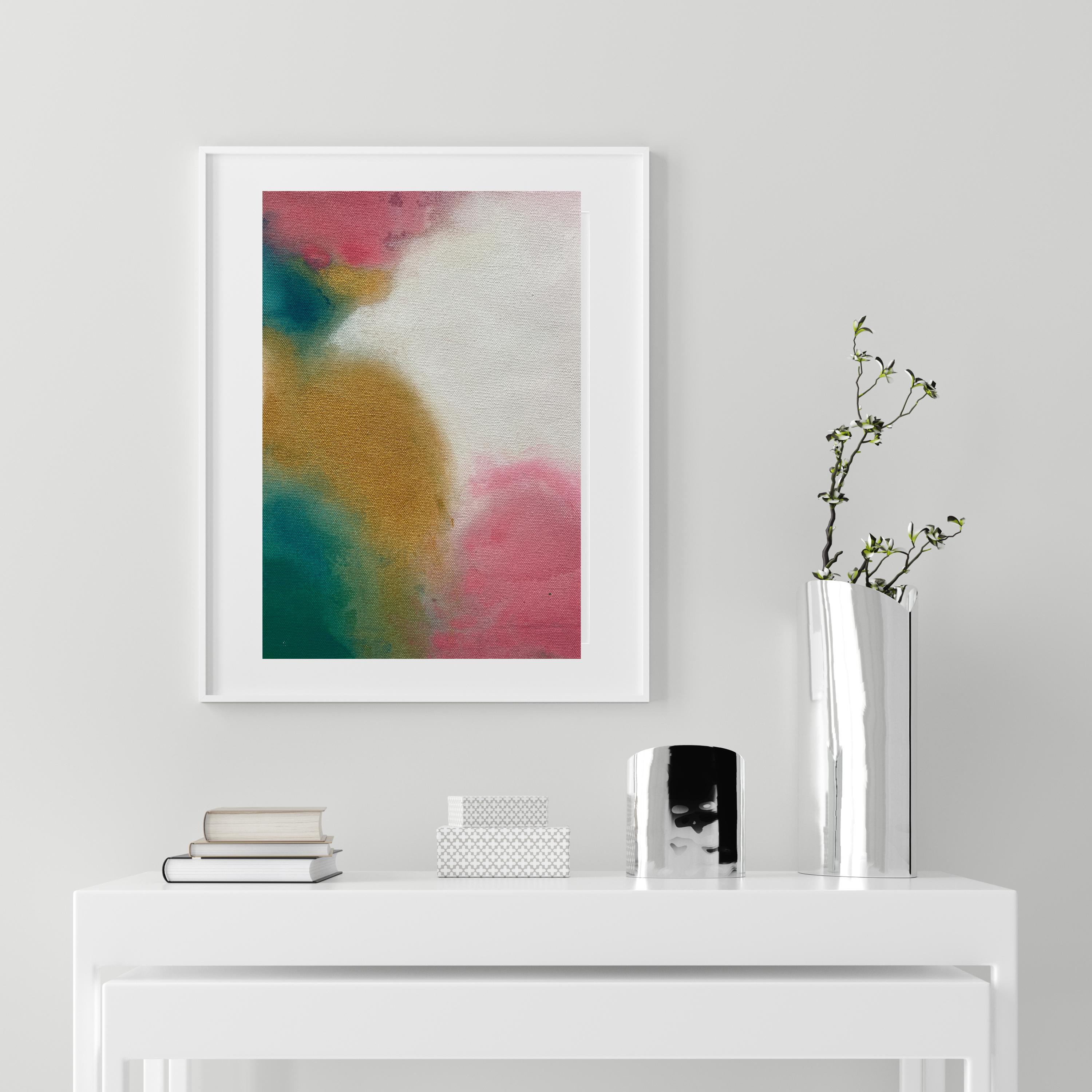 Gentle Blend fuzzy Peach abstract expressionist organic pink white gold painting - Painting by Kathleen Rhee