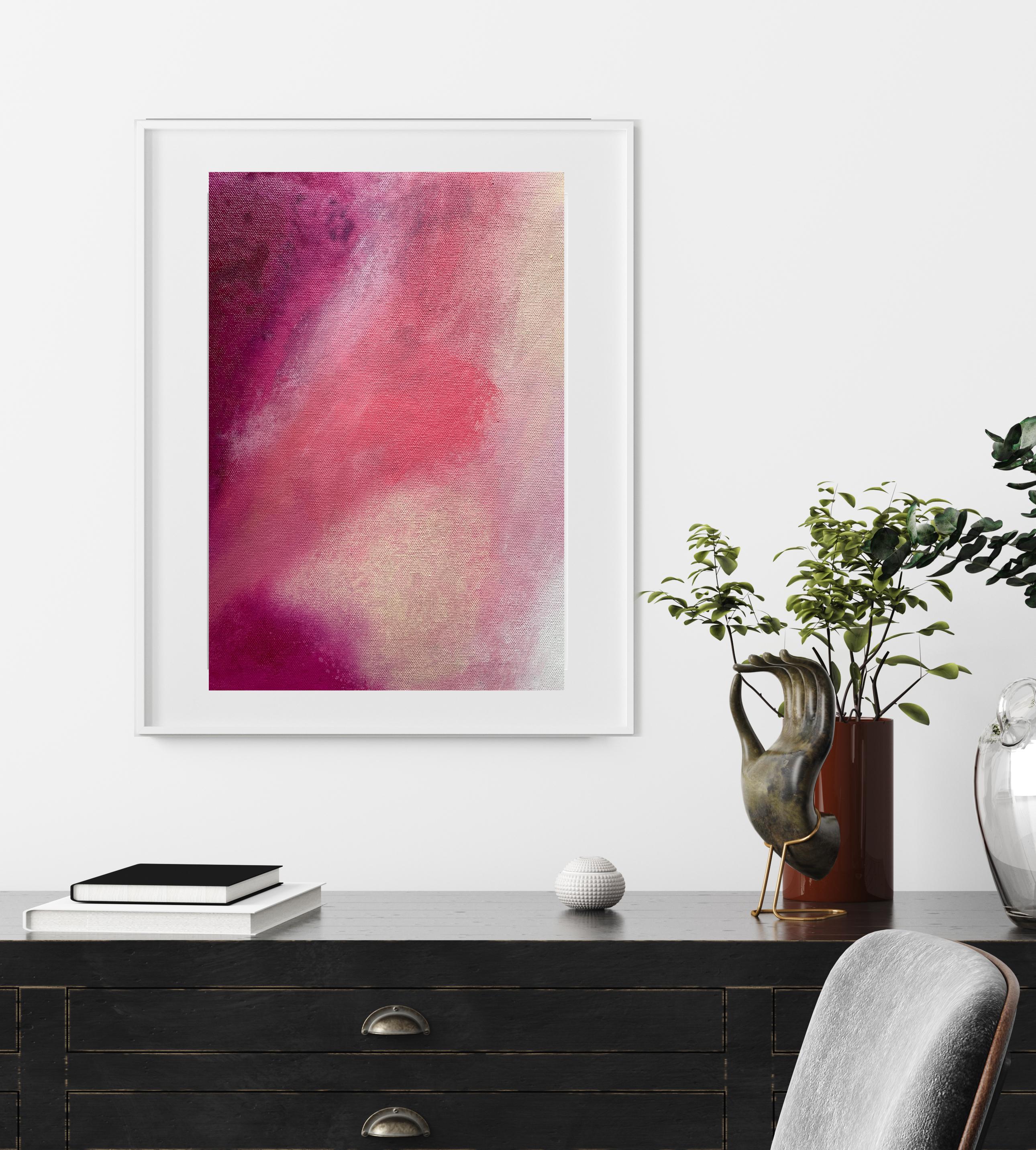 Gentle Blends Pink Peach no.1 small abstract expressionist on canvas rose red - Painting by Kathleen Rhee