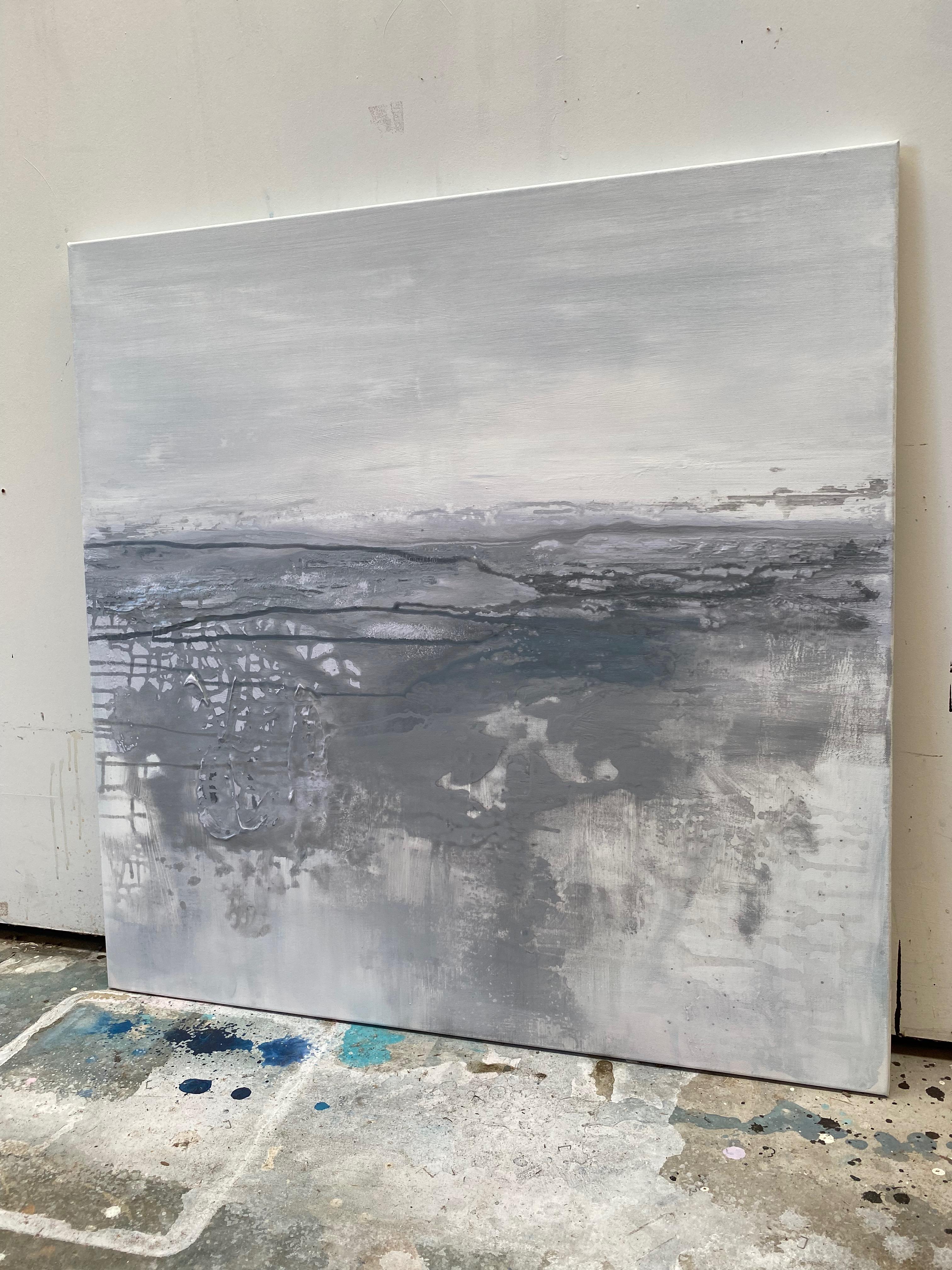 Pastello grigio minimalista astratto paesaggio oceanico dipinto grigio chiaro bianco in vendita 11