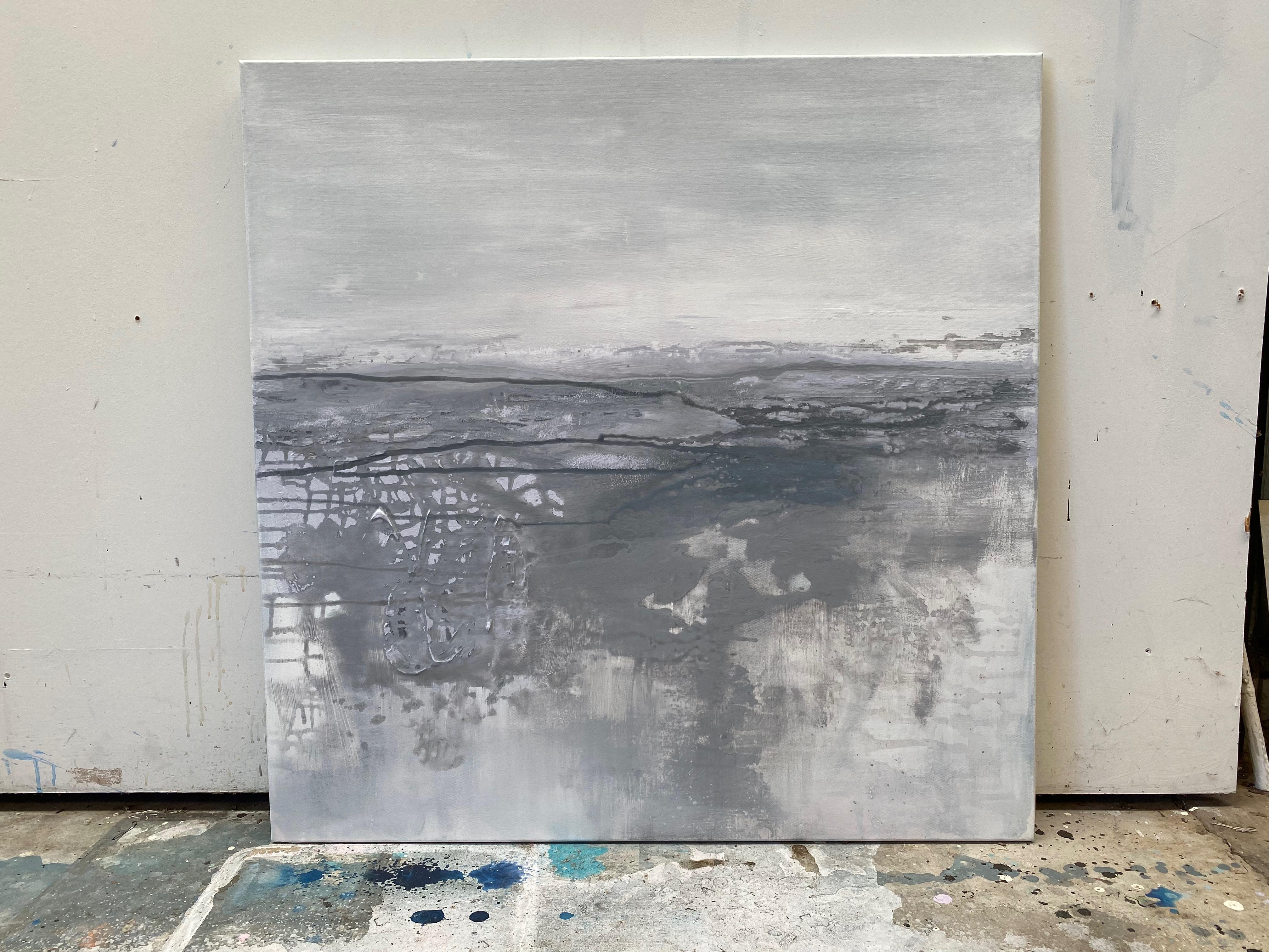 Pastel Grey minimalist abstract oceanscape painting light grey white For Sale 9